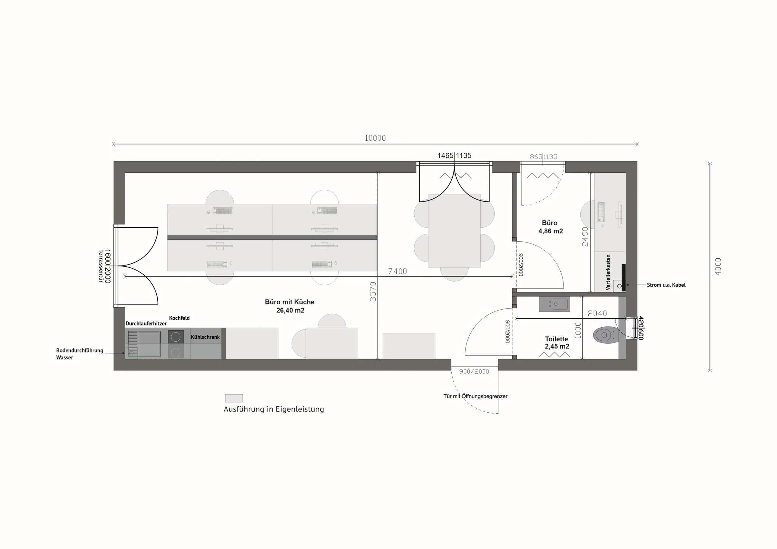 Grundriss MB40-1 — Büro mit Küche 26,40 m² links, zweites Büro 4,86 m² rechts oben, Toilette 2,45 m² rechts unten, Außenmaße 10 × 4 m (Technische Zeichnung. Möblierung zur Veranschaulichung)