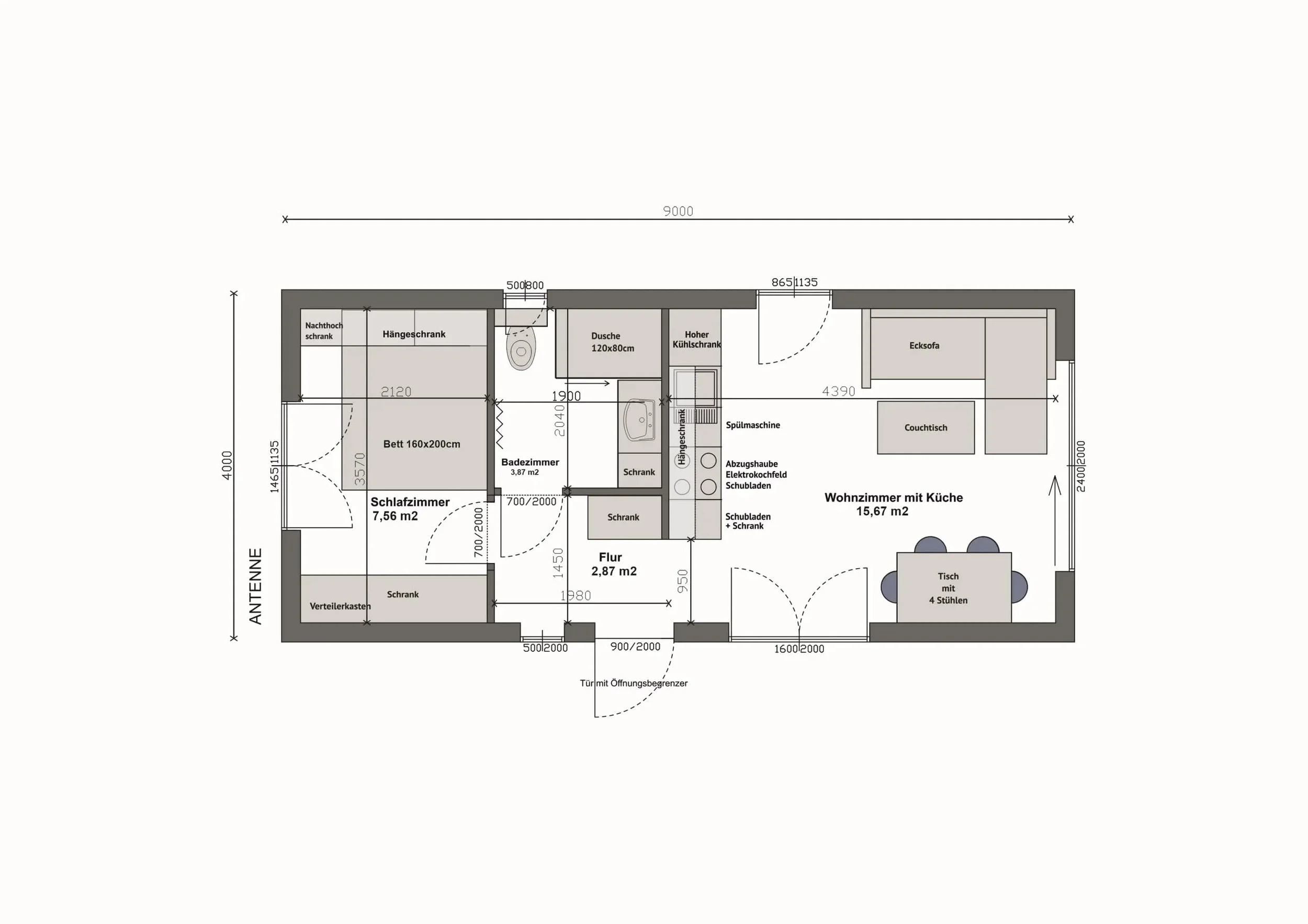 Grundriss MW36-A — Schlafzimmer links mit Bett 160×200 cm, Bad und Küche mittig, Wohnzimmer mit Esstisch und Ecksofa rechts (Technische Zeichnung. Möblierung zur Veranschaulichung)