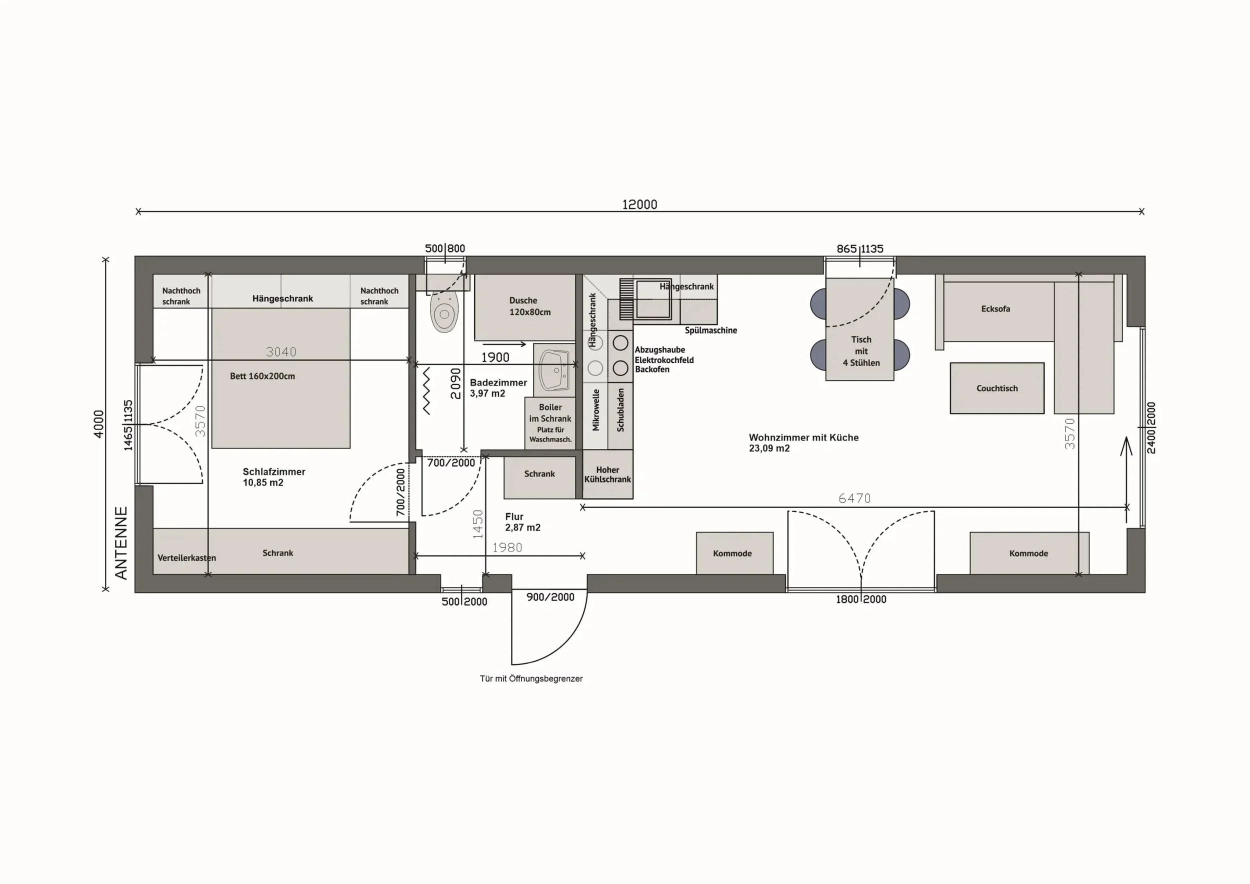 Grundriss MW48-2-A — 1 Schlafzimmer links, Bad, Küche und Wohnbereich rechts