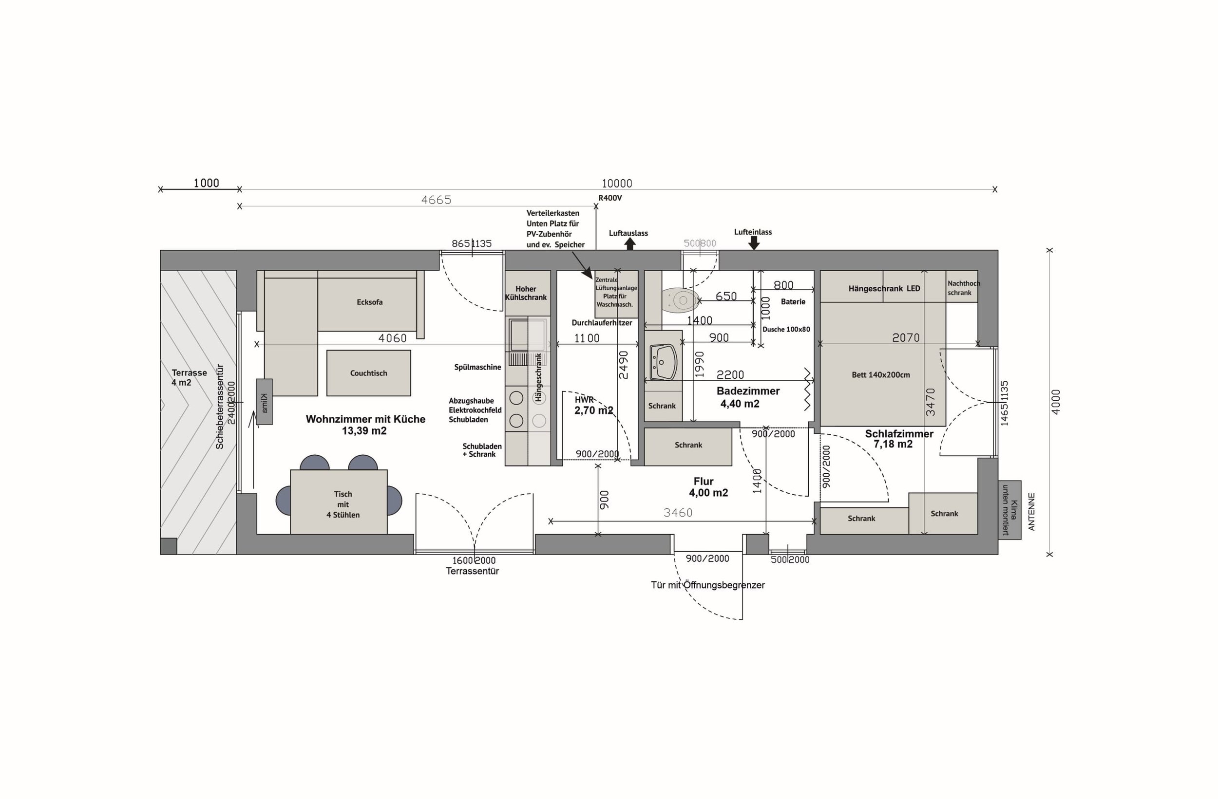 Grundriss MS44-2-B — Wohnzimmer mit Küche und Esstisch links, Hauswirtschaftsraum und Bad mit offener Dusche mittig, Schlafzimmer mit Bett 140 × 200 cm rechts, Terrasse links (Technische Zeichnung. Möblierung zur Veranschaulichung)