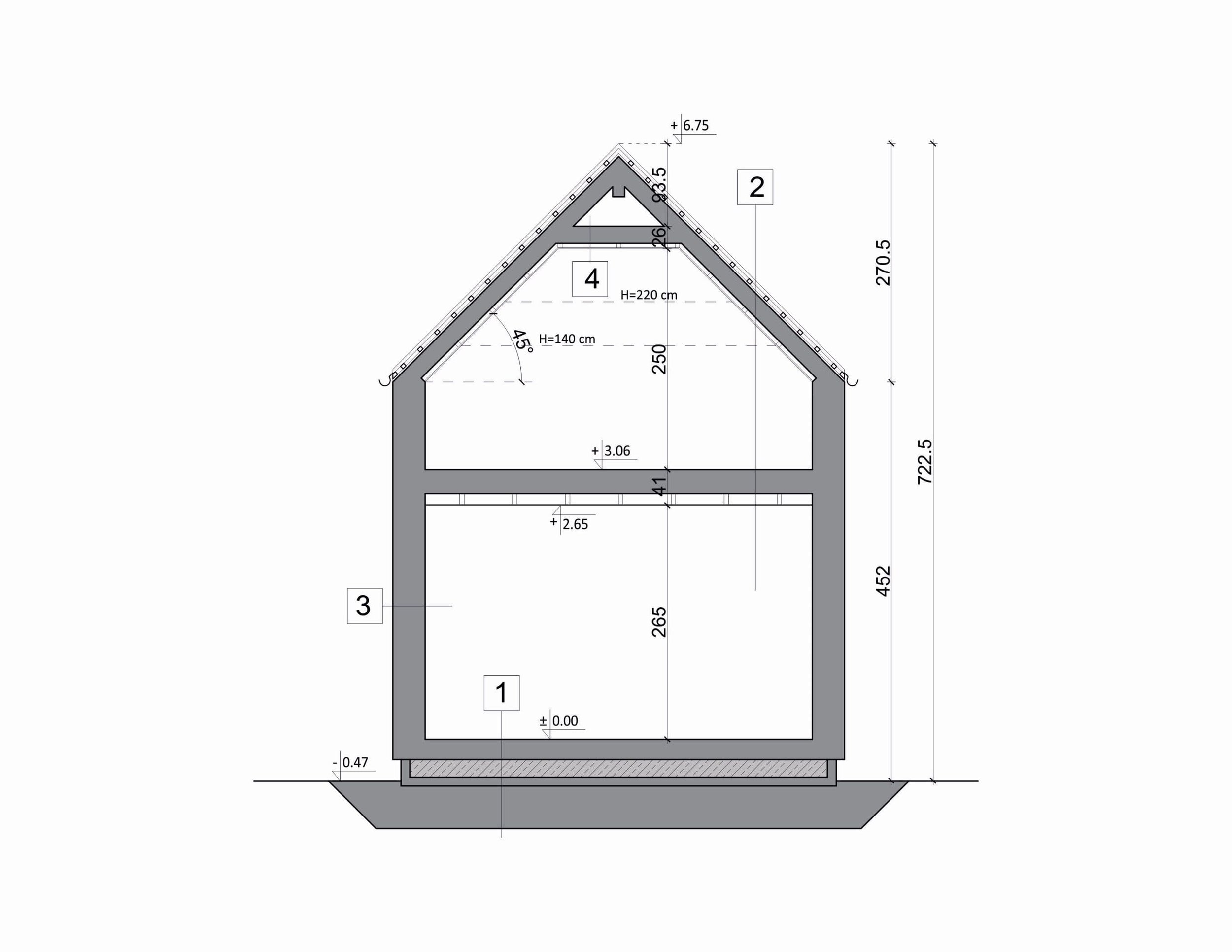 Haus FH-ST50 — Querschnitt mit 45-Grad-Satteldach, Erdgeschoss und Galerieebene samt Höhenangaben (Technische Zeichnung. Möblierung zur Veranschaulichung)