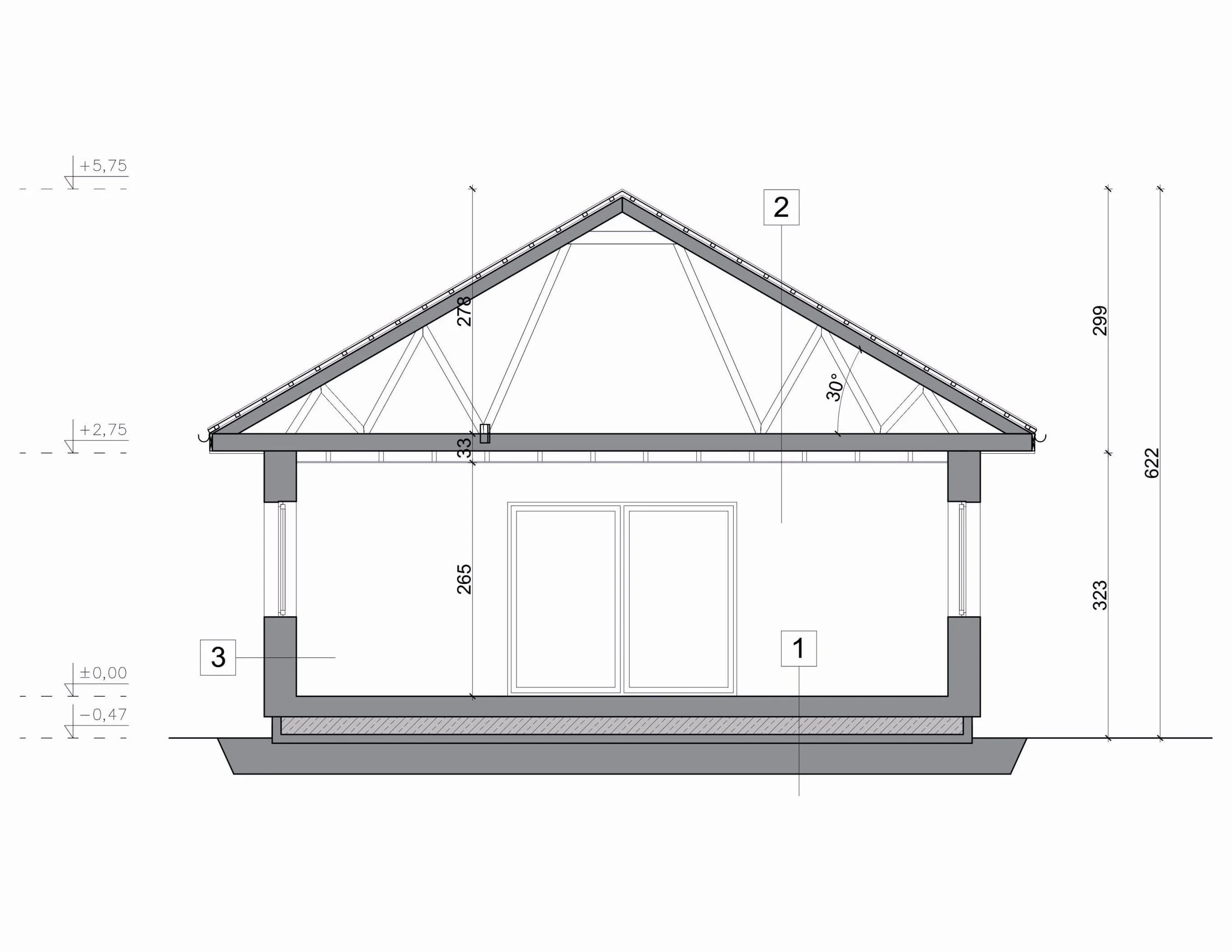 Querschnitt Haus FH-ST96 — Schnittzeichnung mit Satteldach 30° und sichtbarem Dachstuhl, Raumhöhe rund 2,65 m und Firsthöhe rund 5,75 m über Erdgeschossniveau (Technische Zeichnung)