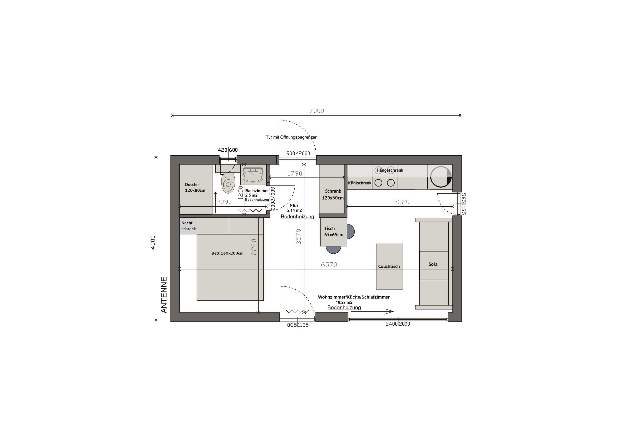 Grundriss MV28-2 — offener Wohn-/Küchen-/Schlafbereich 18,27 m², Bad 2,5 m² und Flur 2,14 m² auf einer Ebene, 7,00 × 4,00 m (Technische Zeichnung. Möblierung zur Veranschaulichung)