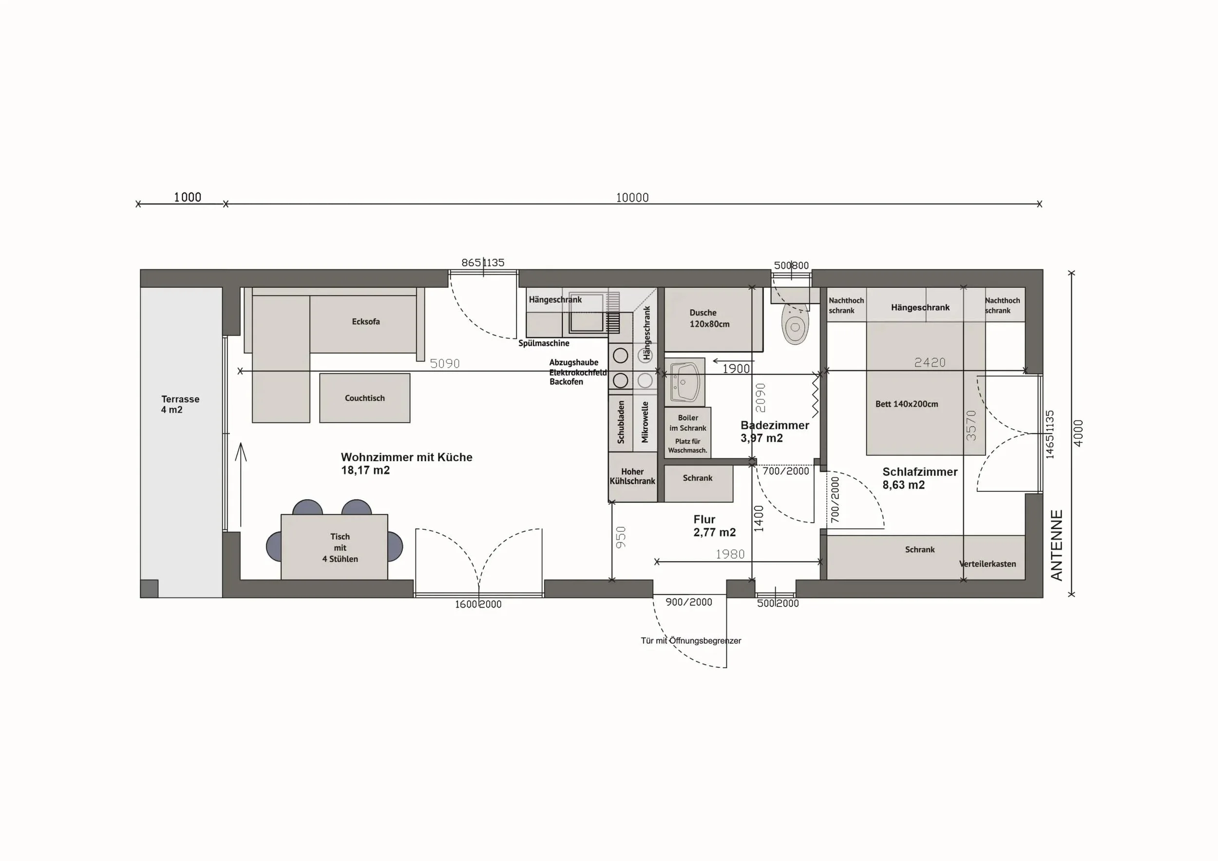 Grundriss MW44-2-B — gespiegelt: Wohnzimmer mit Küche und Terrasse links, Schlafzimmer rechts, Bad und Flur mittig (Technische Zeichnung. Möblierung zur Veranschaulichung)