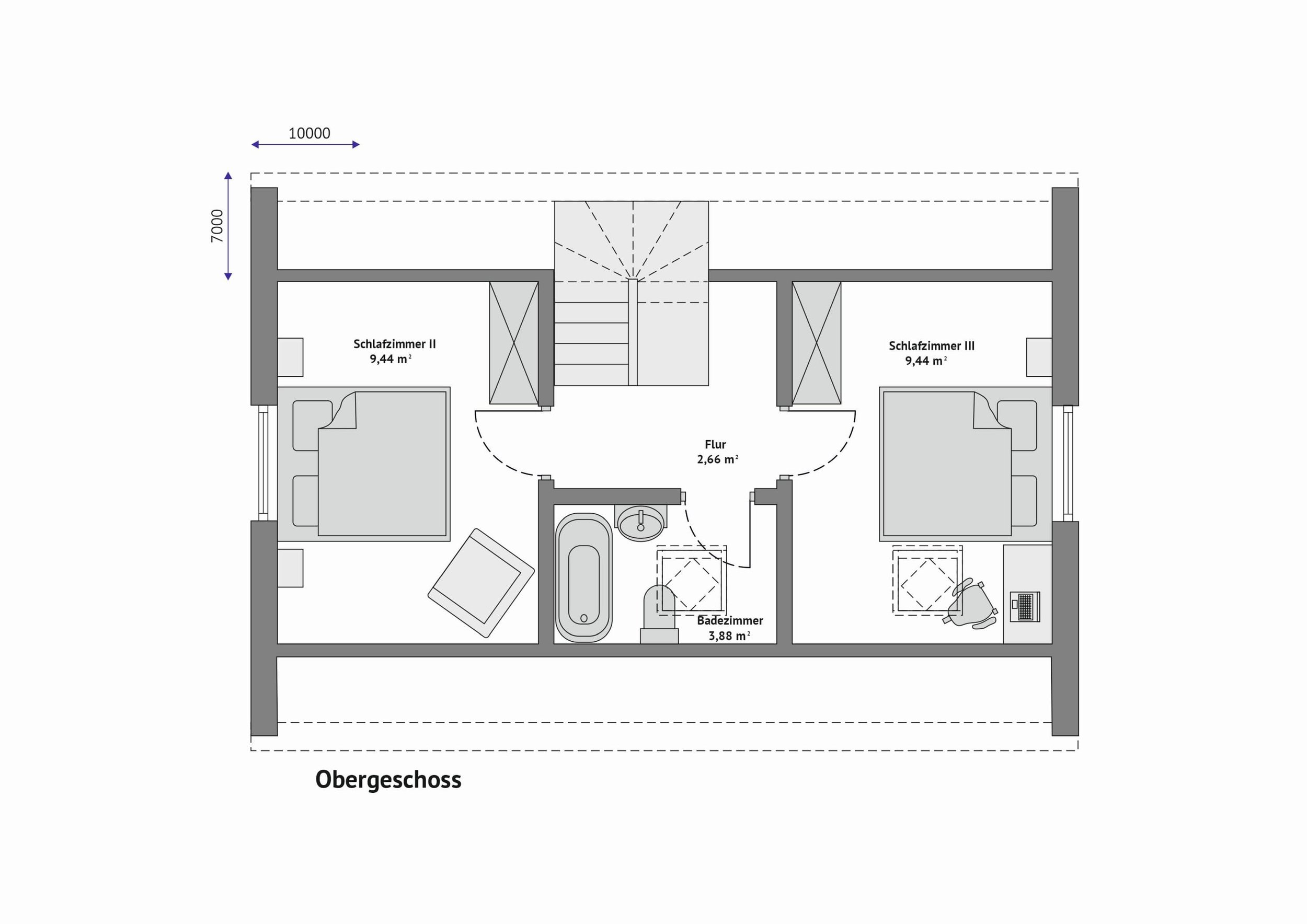 Grundriss FH-ST95 — Obergeschoss mit zwei Schlafzimmern, Badezimmer und Flur (Technische Zeichnung. Möblierung zur Veranschaulichung)