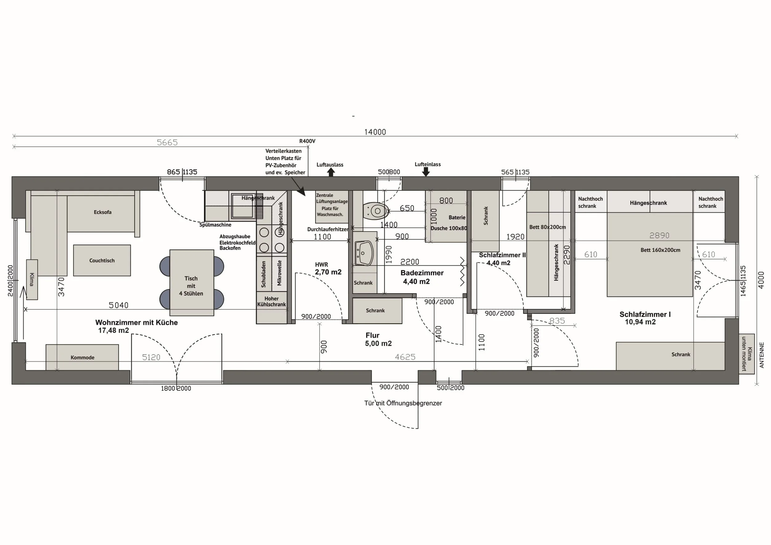 Grundriss MS56-2-B — vollständige Spiegelung von Variante A: Wohnzimmer mit Küche links, 2 Schlafzimmer rechts (Technische Zeichnung. Möblierung zur Veranschaulichung)
