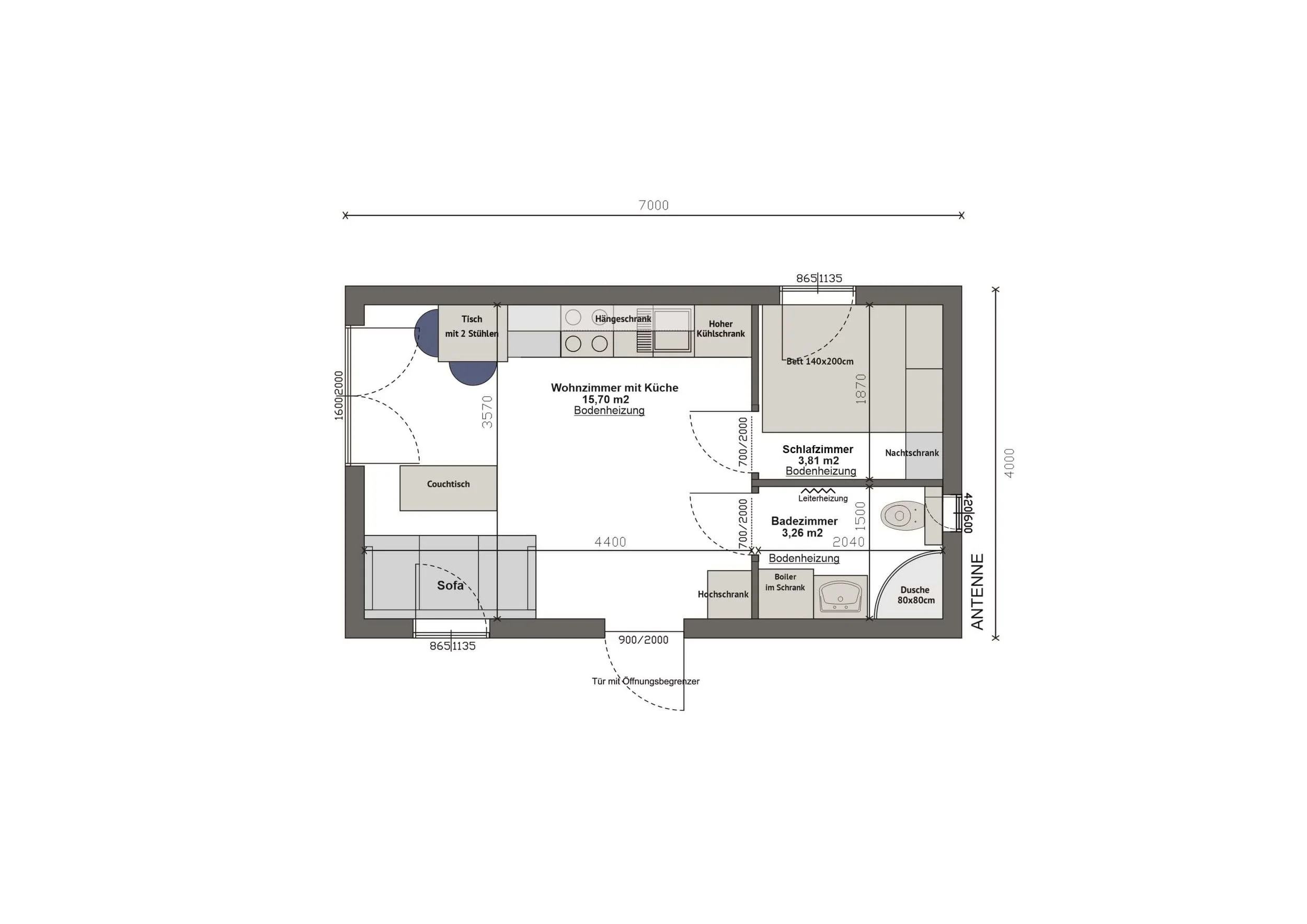Grundriss MV28-1 — Wohnzimmer mit Küche links, Zimmer rechts oben, Badezimmer rechts unten, ebenerdige Aufteilung (Technische Zeichnung. Möblierung zur Veranschaulichung)