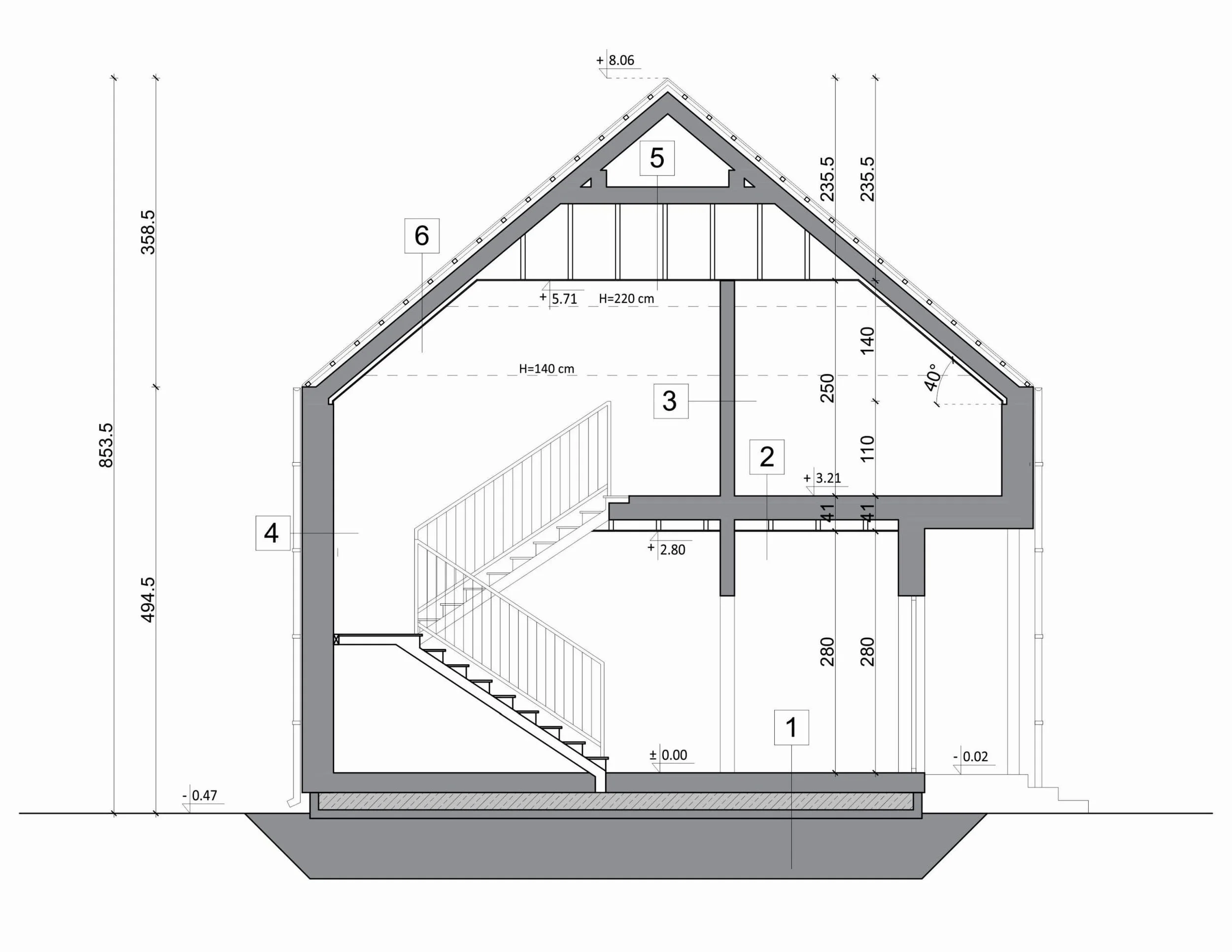 Grundriss FH-ST118 — Querschnitt mit zwei Vollgeschossen, Satteldach 40°, Geschosshöhen und Firsthöhe (Technische Zeichnung)