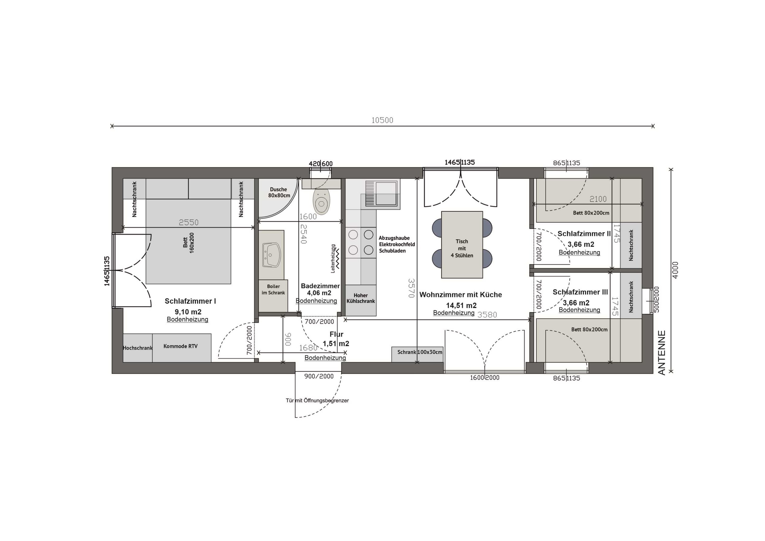 Grundriss MV42-2 — drei Schlafzimmer, Badezimmer, Wohnzimmer mit Küche und Flur, Außenmaße 10,50 × 4,00 m (Technische Zeichnung)