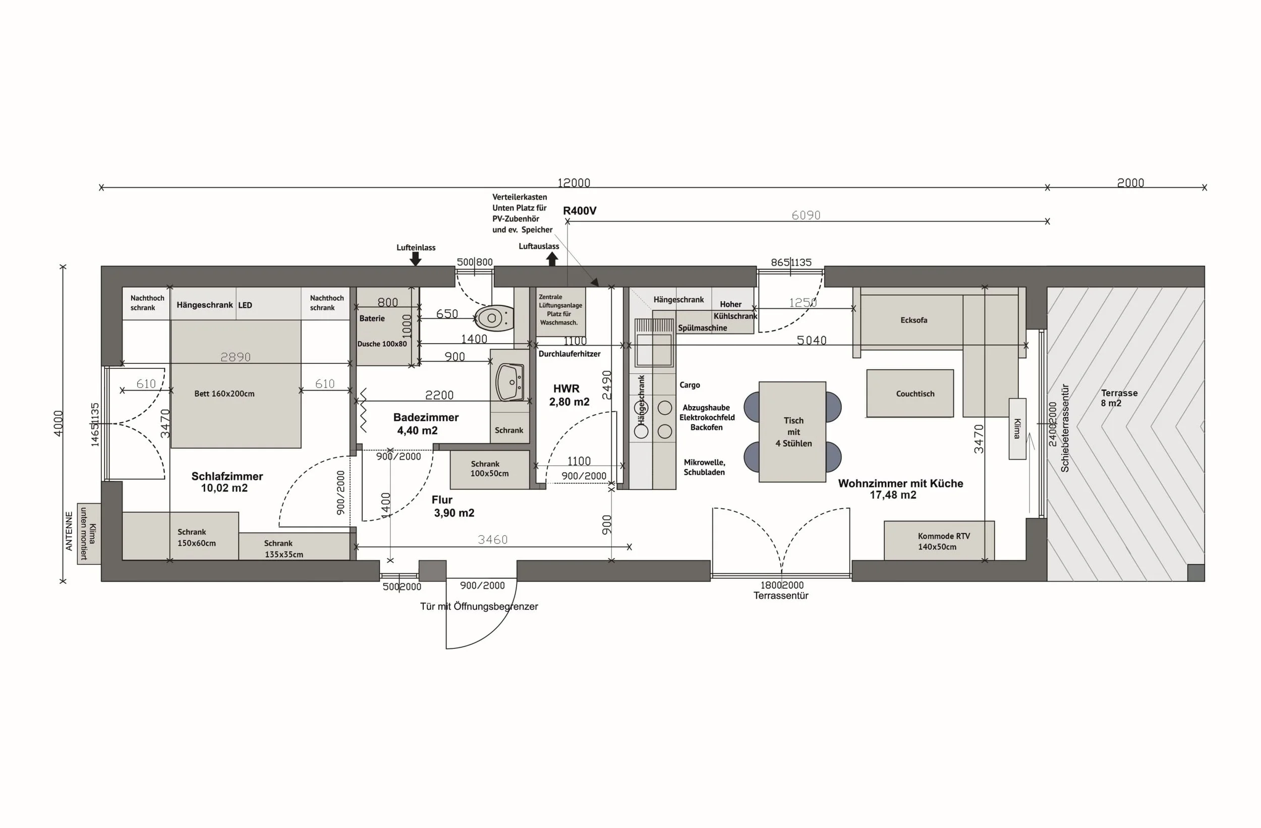 Grundriss MS56-2-C — 1 Schlafzimmer links (10,02 m²), Bad und HWR mittig, Wohnzimmer mit Küche und überdachte Terrasse rechts (17,48 m² + 8 m²) (Technische Zeichnung. Möblierung zur Veranschaulichung)
