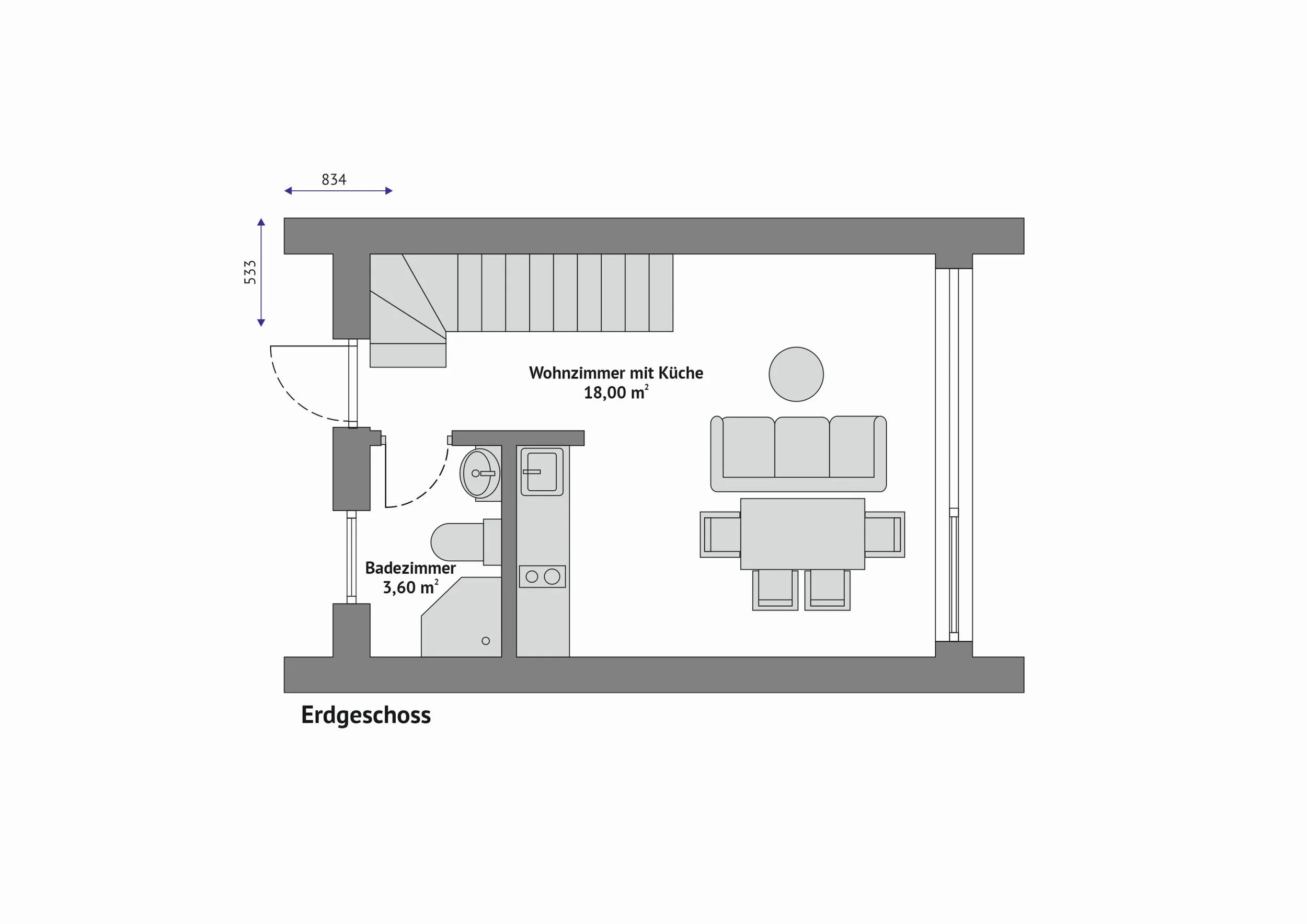 Grundriss Haus FH-DH44 — Erdgeschoss mit Wohnzimmer und Küche (18,00 m²), Badezimmer (3,60 m²) neben dem Eingang und Treppe zum Obergeschoss; Außenmaße 8,34 × 5,33 m (Technische Zeichnung. Möblierung zur Veranschaulichung)