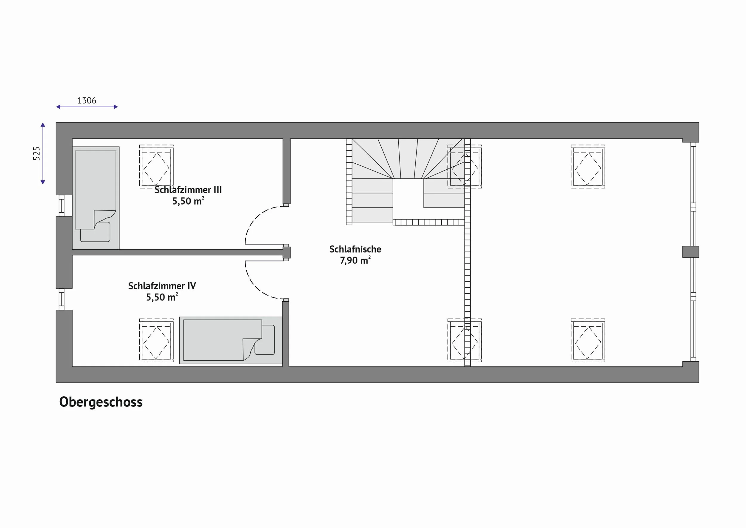 Grundriss Haus FH-DH70-3 — Obergeschoss mit Schlafzimmer III und Schlafzimmer IV (je 5,50 m²) links sowie Schlafnische (7,90 m²) und Treppenaufgang rechts (Technische Zeichnung. Möblierung zur Veranschaulichung)
