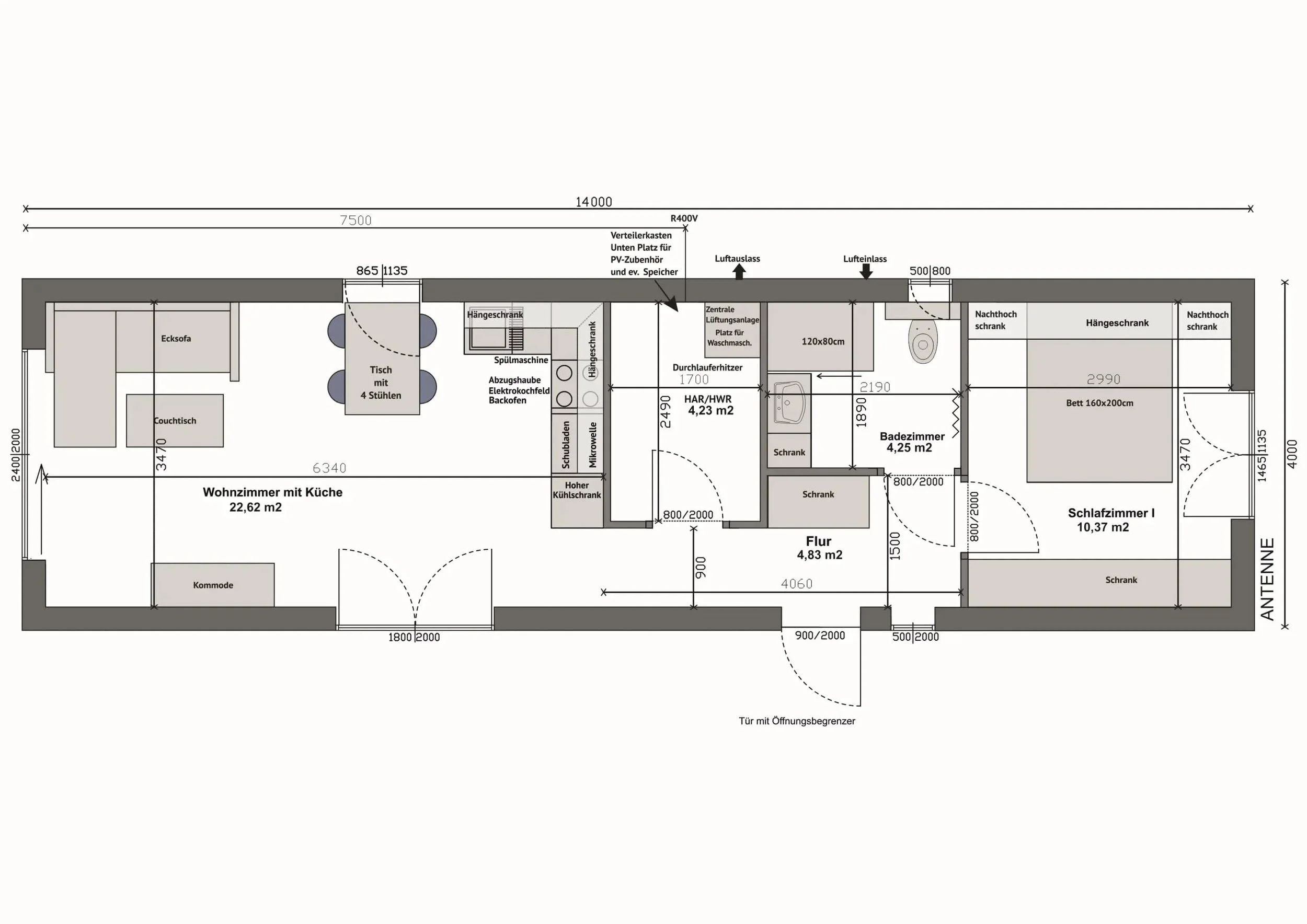 Grundriss MW56-2-D — 2 Schlafzimmer links, Wohnzimmer mit Küche rechts (vollständige Spiegelung von C) (Technische Zeichnung. Möblierung zur Veranschaulichung)