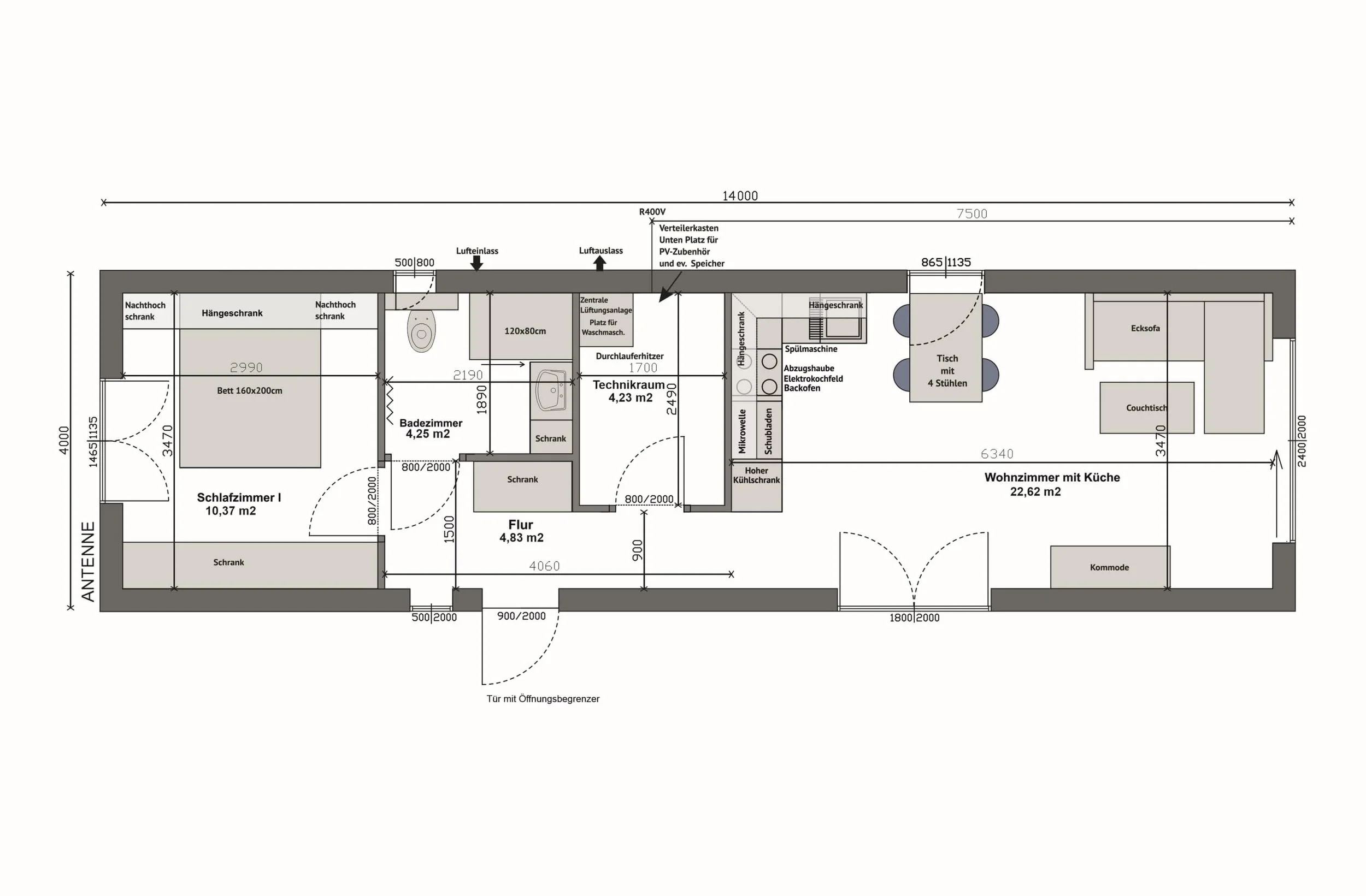 Grundriss MW56-2-C — 2 Schlafzimmer rechts (Doppelbett 160 × 200 cm und Einzelbett 80 × 200 cm mit Schreibtisch), Bad mittig, Wohnzimmer mit Küche links (Technische Zeichnung. Möblierung zur Veranschaulichung)