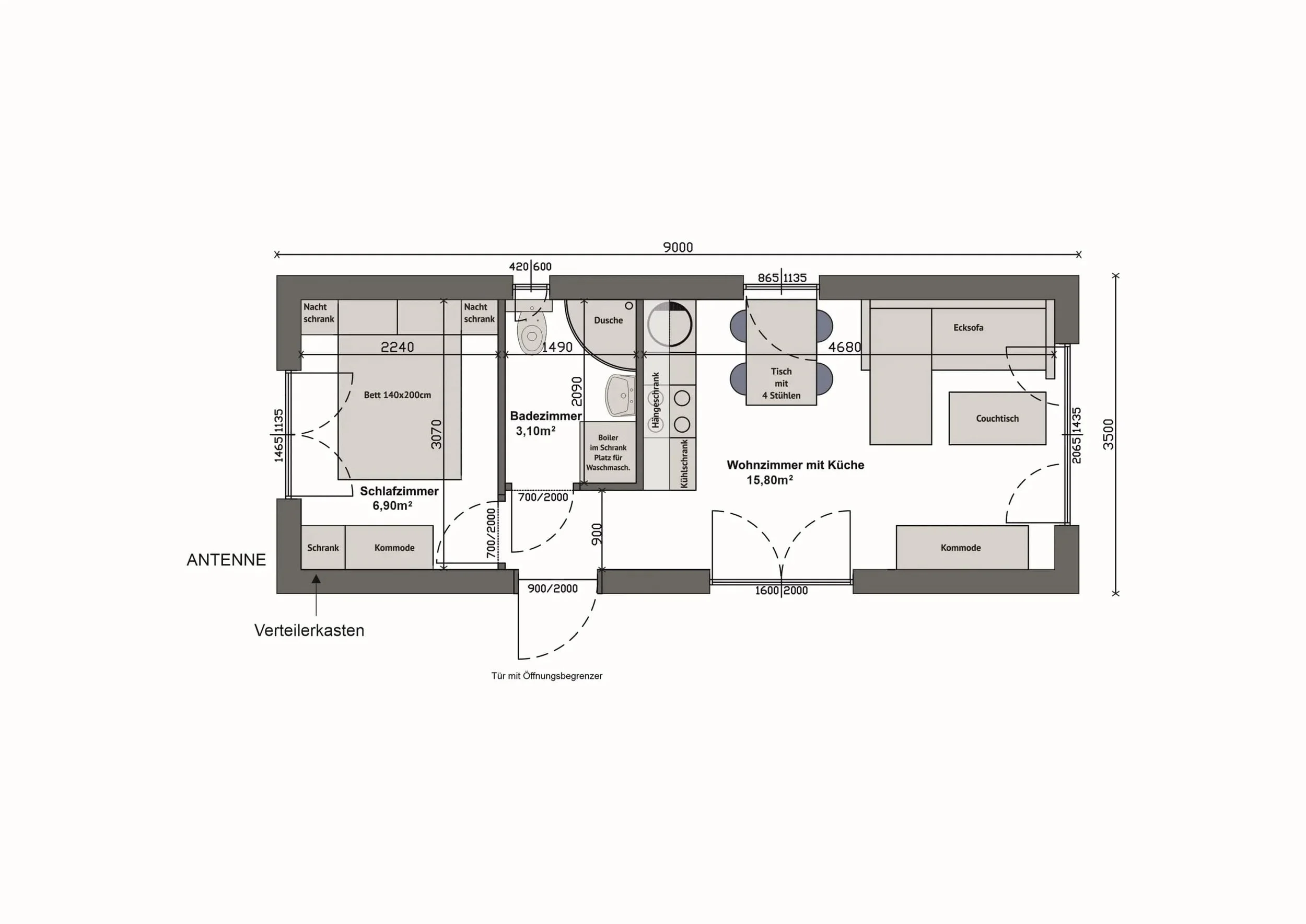 Grundriss MW31-A — 1 Schlafzimmer rechts, Bad mittig, Wohnzimmer mit Küche links (Technische Zeichnung. Möblierung zur Veranschaulichung)