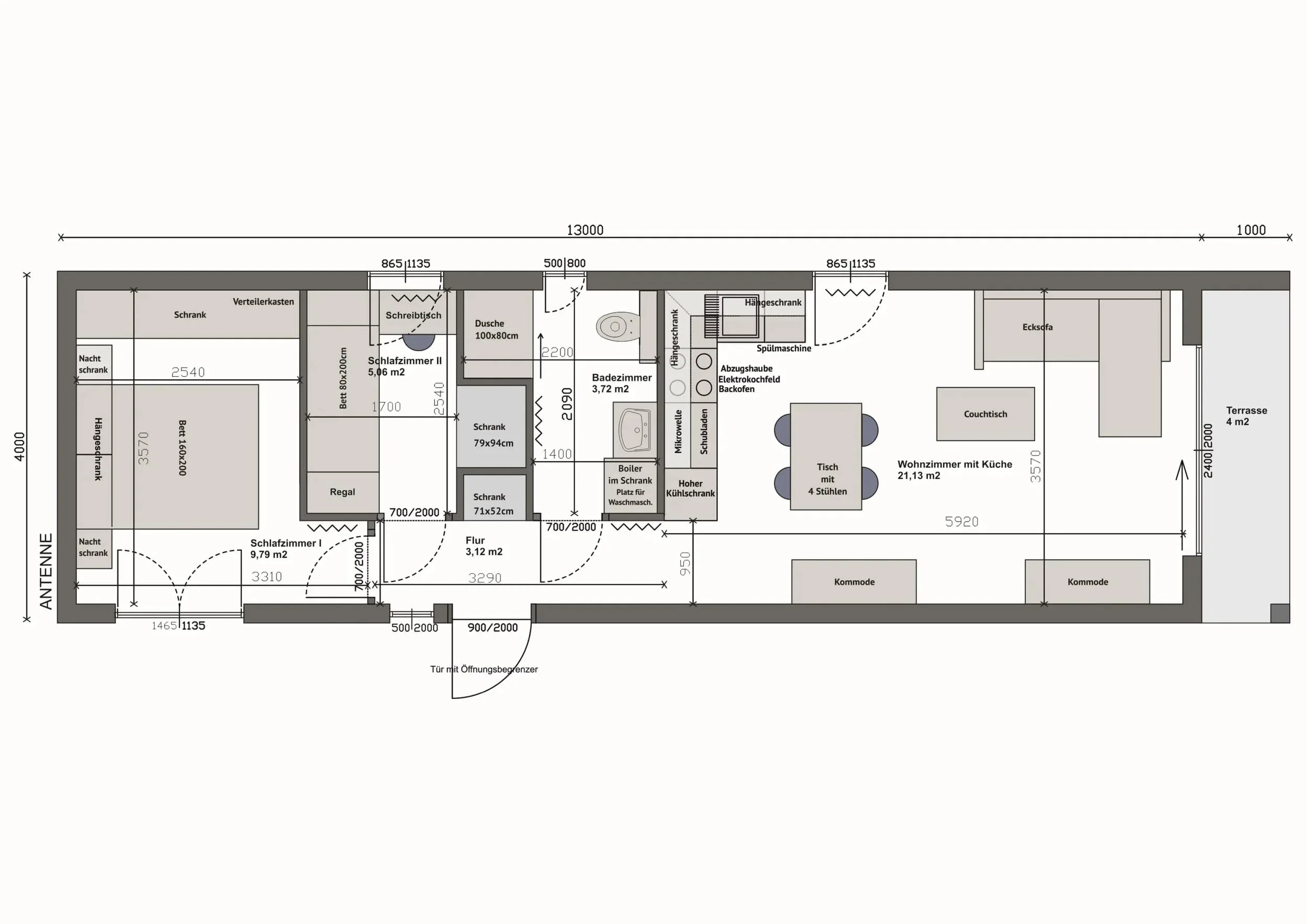 Grundriss MW56-3-D — gespiegelt: zwei Schlafzimmer links, Wohnzimmer mit Küche und Terrasse 4 m² rechts (Technische Zeichnung. Möblierung zur Veranschaulichung)