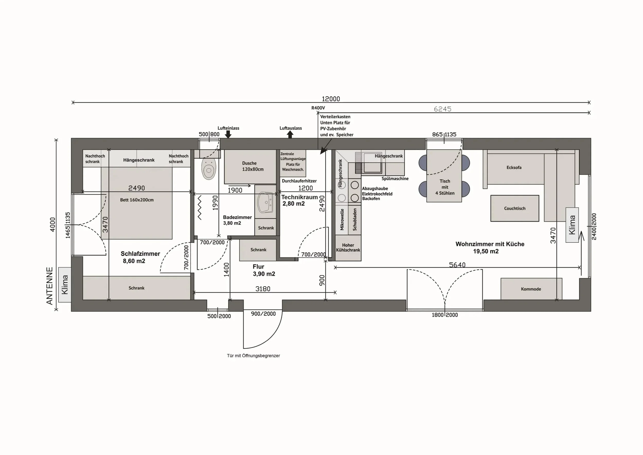 Grundriss MW48-1-A — 1 Schlafzimmer rechts, Bad und Technikraum mittig, Wohnzimmer mit Küche links (Technische Zeichnung. Möblierung zur Veranschaulichung)