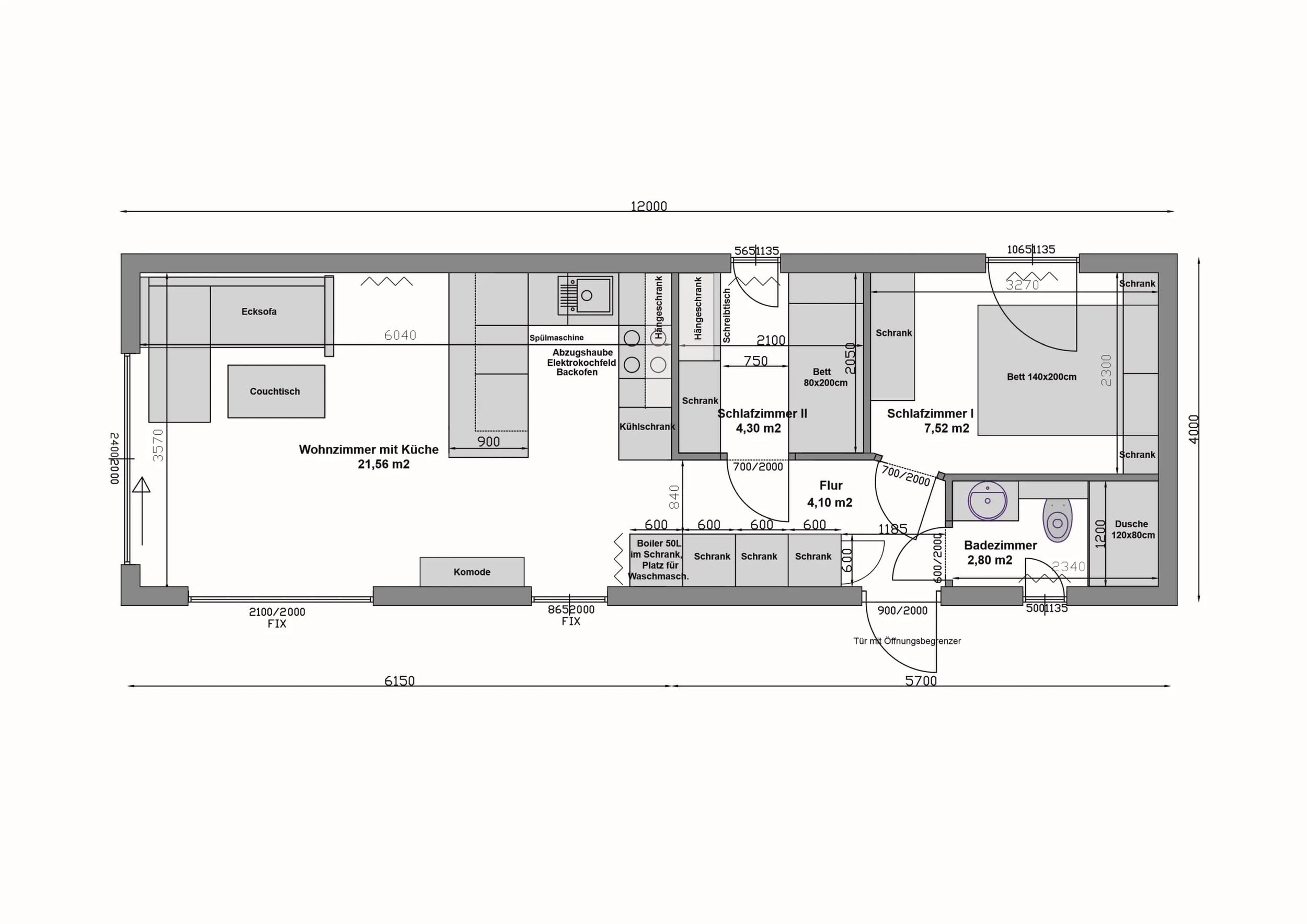 Grundriss MW48-3-A — Wohnzimmer mit Küche links, zwei Schlafzimmer und Bad rechts, Flur mittig (Technische Zeichnung. Möblierung zur Veranschaulichung)