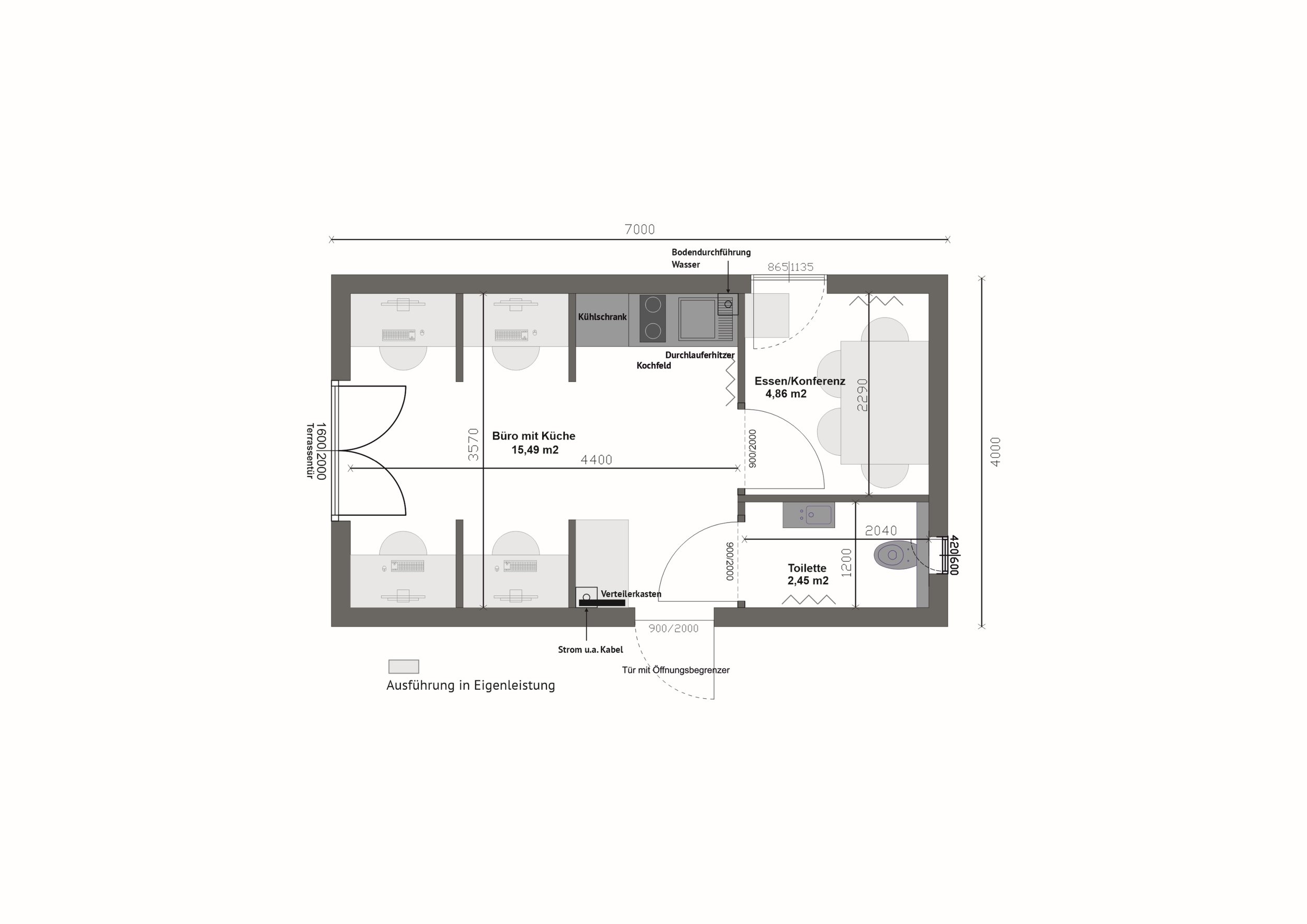 Grundriss MB28-2 — Büro mit Küche links, Essen-/Konferenzbereich und Toilette rechts (Technische Zeichnung. Möblierung zur Veranschaulichung)