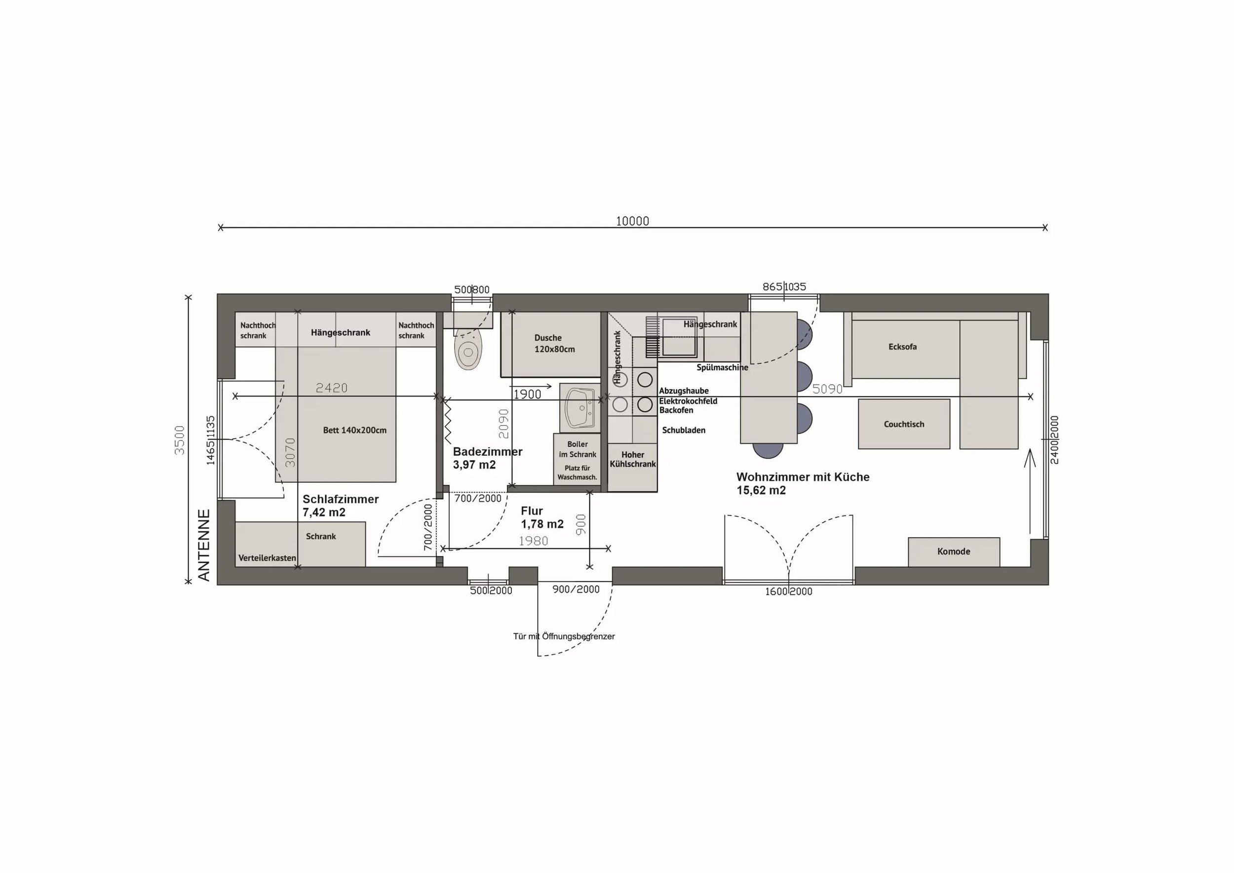 Grundriss MW35-A — Schlafzimmer rechts, Bad mittig, Wohnzimmer mit Küche und Ecksofa rechts (Technische Zeichnung. Möblierung zur Veranschaulichung)