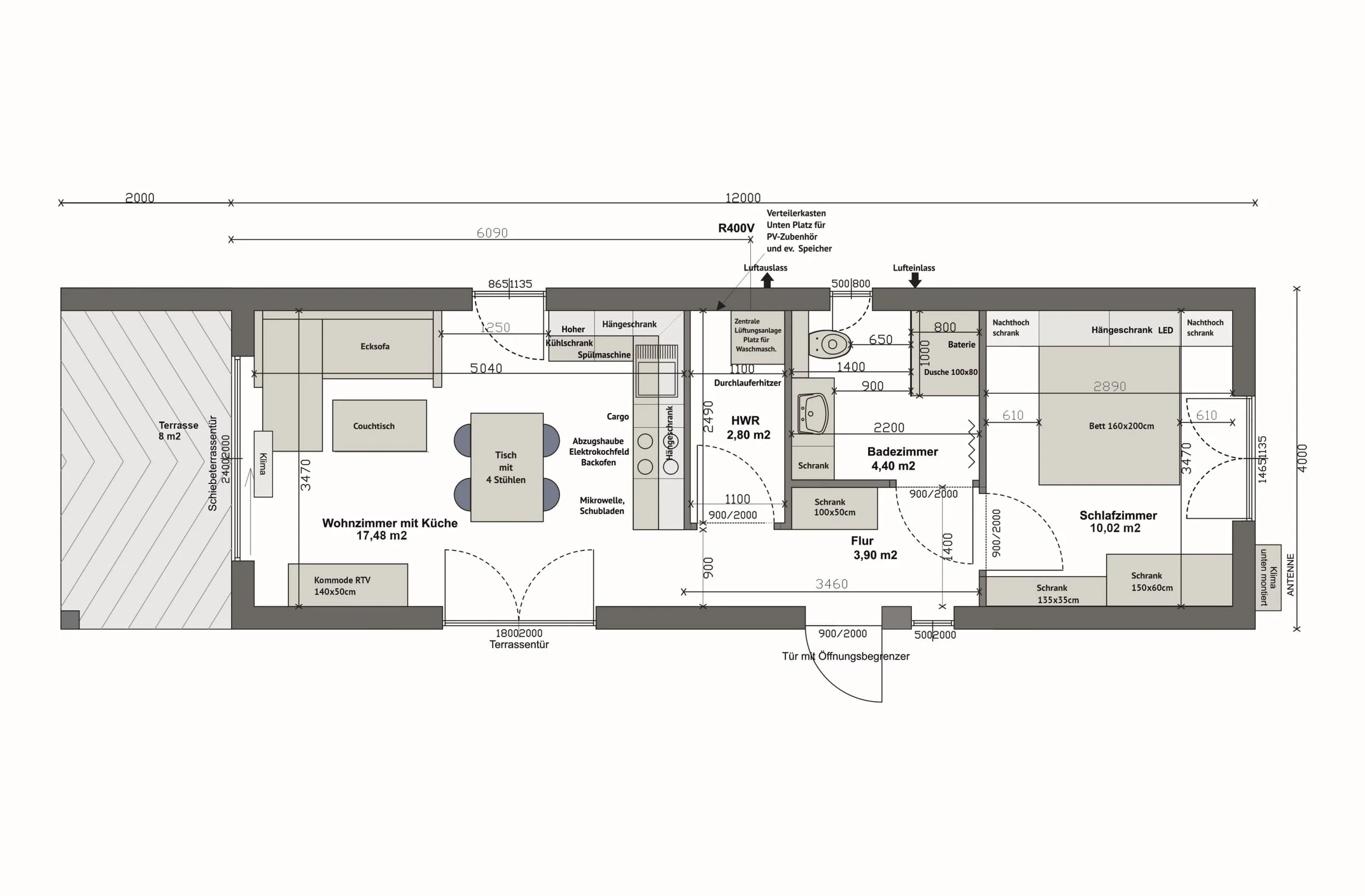 Grundriss MS56-2-D — vollständige Spiegelung von Variante C: überdachte Terrasse und Wohnzimmer mit Küche links, 1 Schlafzimmer rechts (Technische Zeichnung. Möblierung zur Veranschaulichung)