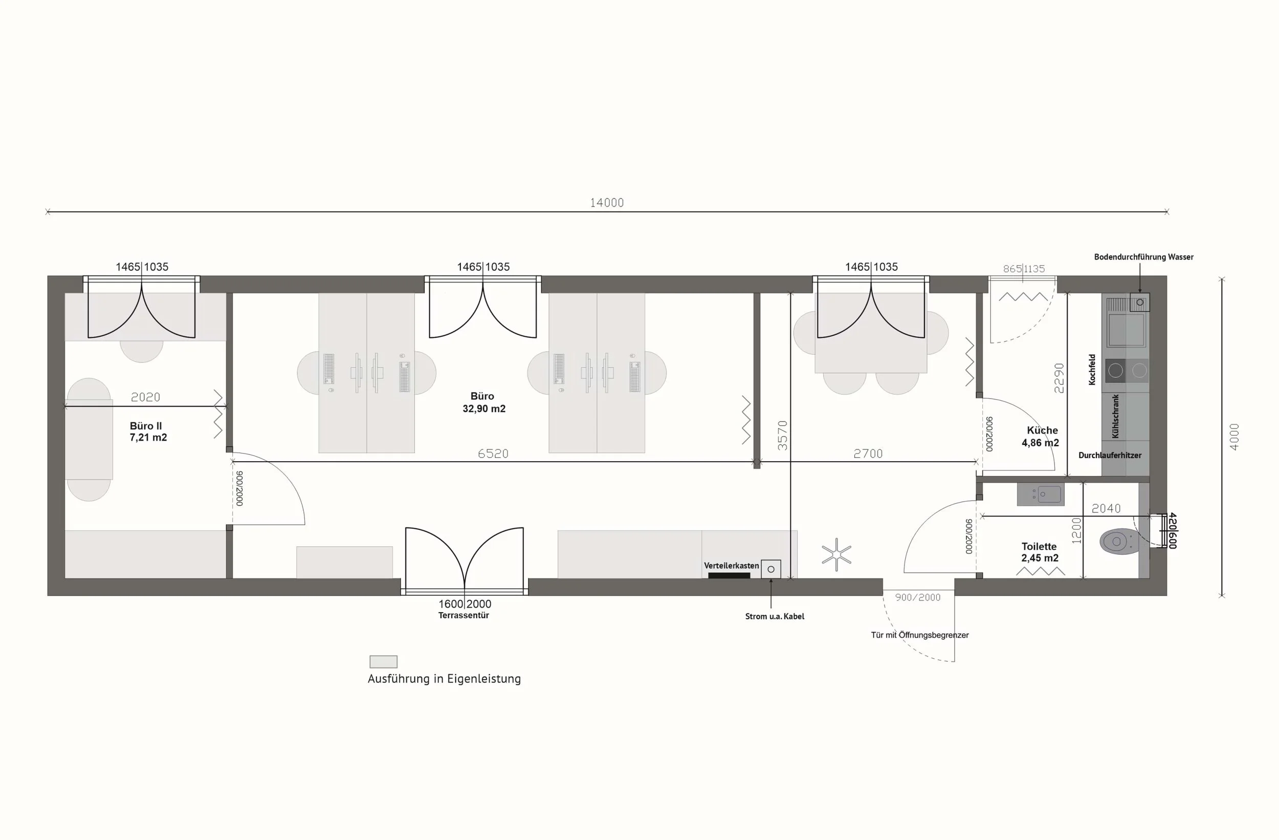Grundriss MB56 — Büro II links, großer Büroraum mittig, Küche und Toilette rechts (Technische Zeichnung. Möblierung zur Veranschaulichung)