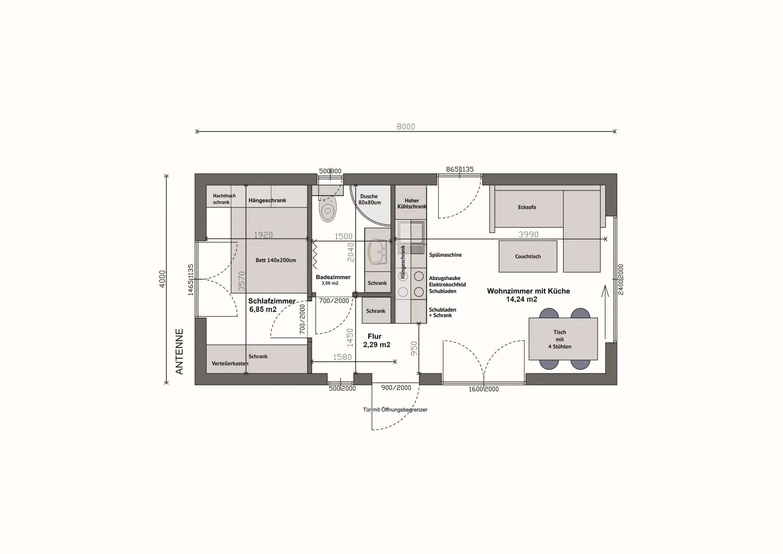 Haus MW32 — Grundriss Variante A mit Schlafzimmer links, Bad, Küche und Wohnbereich