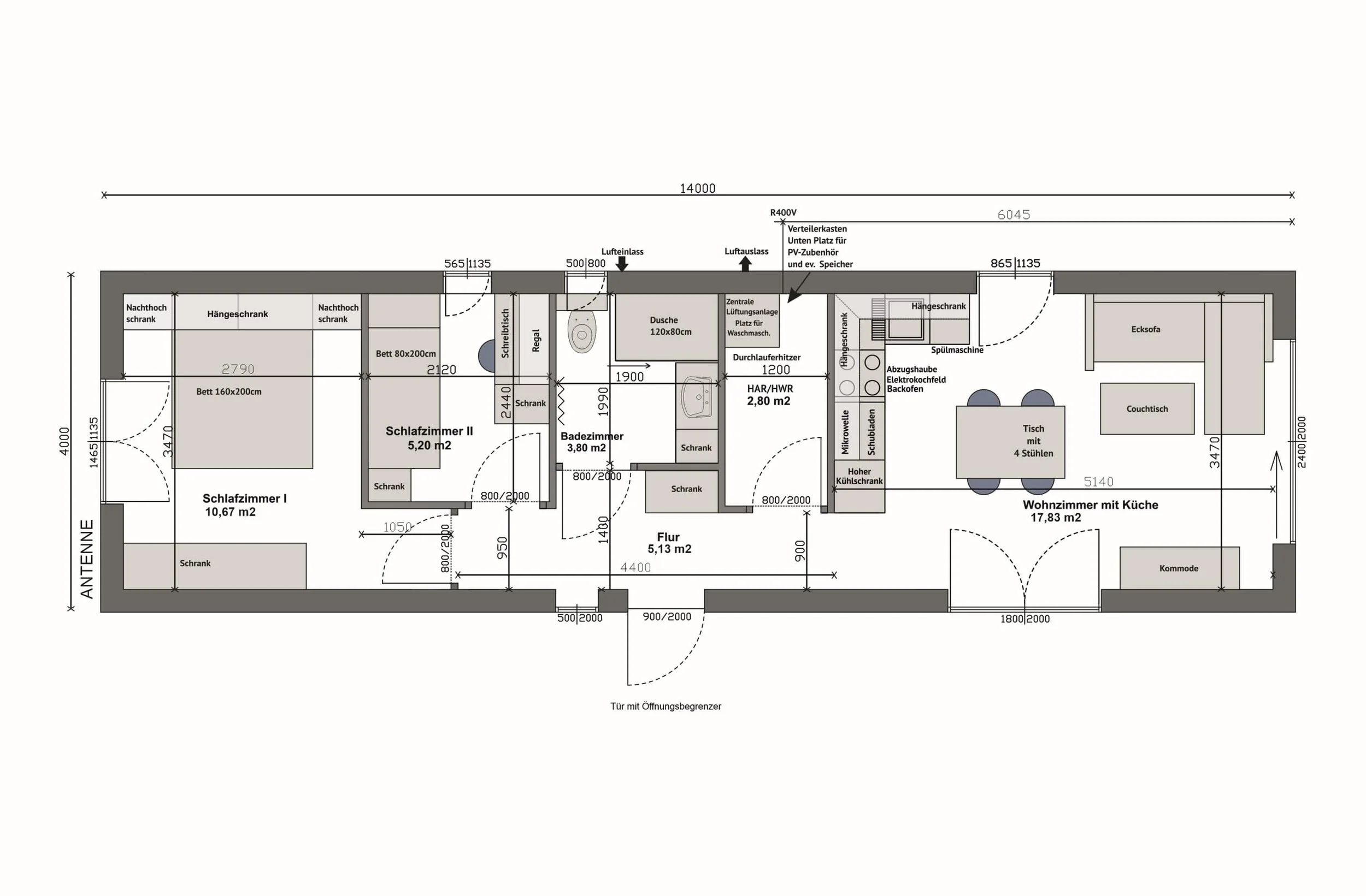 Grundriss MW56-1-A — 2 Schlafzimmer links (Doppelbett 160 × 200 + Einzelbett 80 × 200), Bad und Technikraum mittig, Wohnzimmer mit Küche rechts (Technische Zeichnung. Möblierung zur Veranschaulichung)