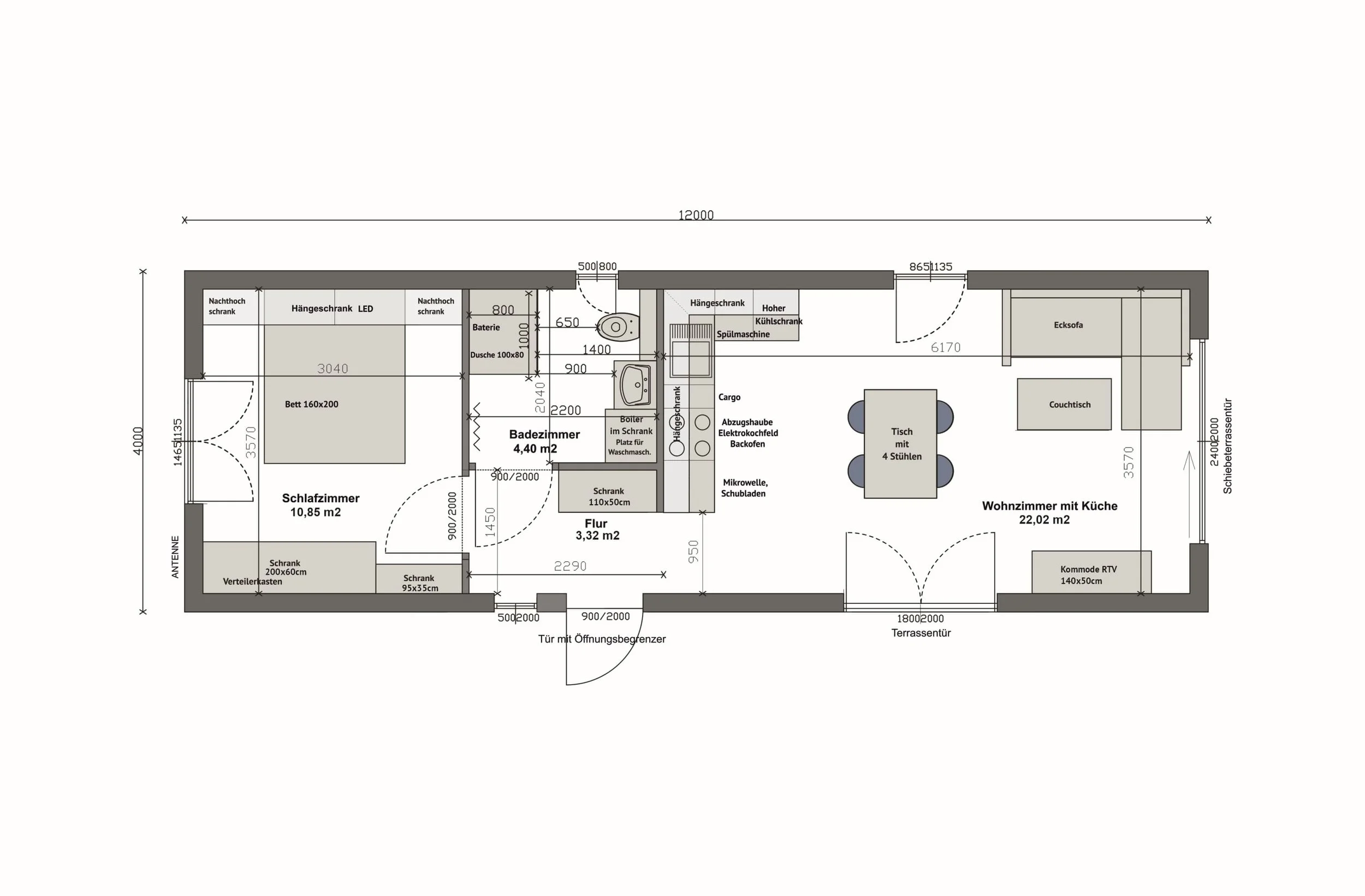 Grundriss MS48-1-C — 1 Schlafzimmer links, Bad mittig, Wohnzimmer mit Küche rechts (Technische Zeichnung. Möblierung zur Veranschaulichung)
