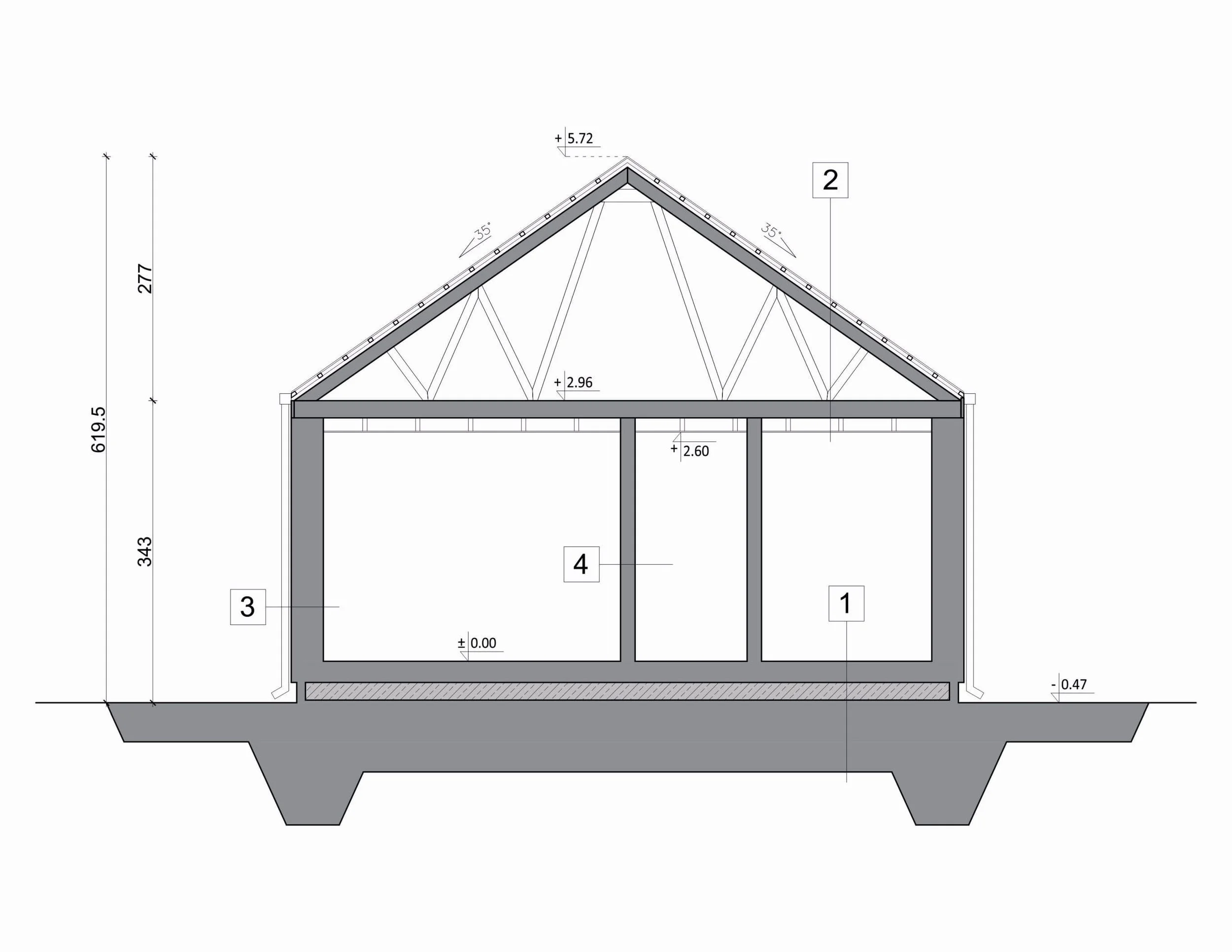 Querschnitt Haus FH-ST141 — Schnittzeichnung mit Satteldach (35° Dachneigung) und sichtbarem Dachstuhl, Raumhöhe rund 2,60 m und Firsthöhe rund 5,72 m über Erdgeschossniveau (Technische Zeichnung)