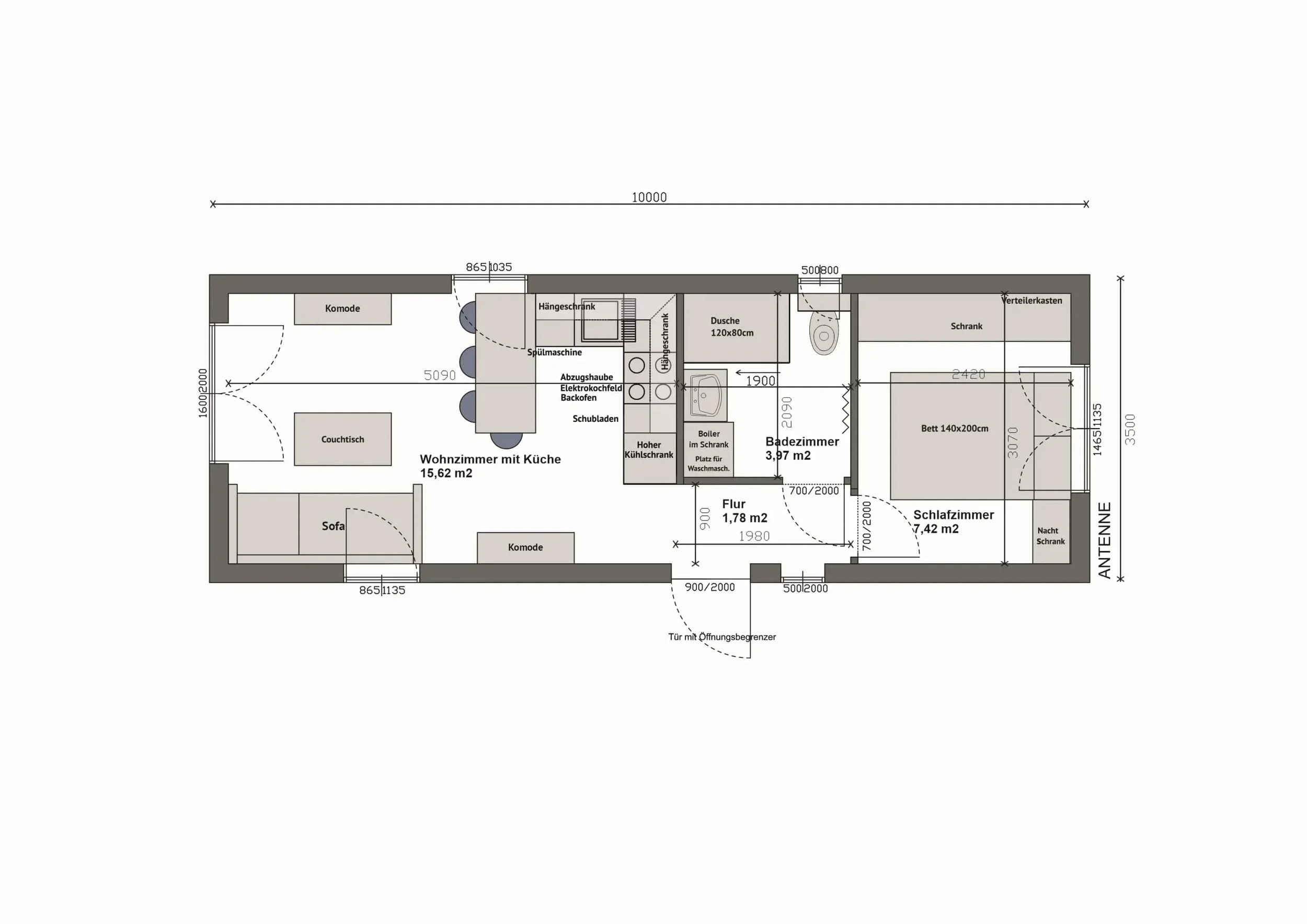 Grundriss MW35-C — Wohnzimmer mit Küche, Sofa und zwei Komoden links, Bad mittig, Schlafzimmer rechts (Technische Zeichnung. Möblierung zur Veranschaulichung)