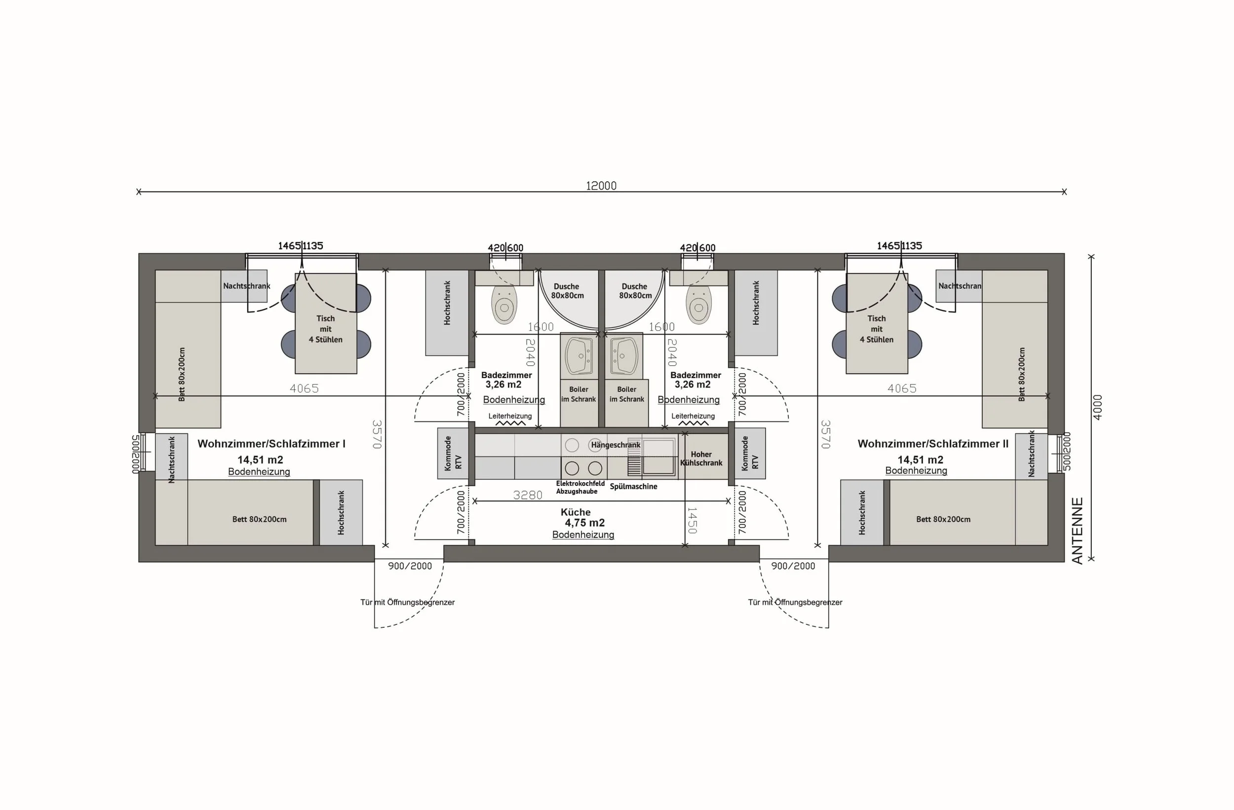 Grundriss MV48-7 — zwei Wohn-/Schlafzimmer je 14,51 m², zwei Bäder je 3,26 m², zentrale Gemeinschaftsküche 4,75 m² (Technische Zeichnung. Möblierung zur Veranschaulichung)