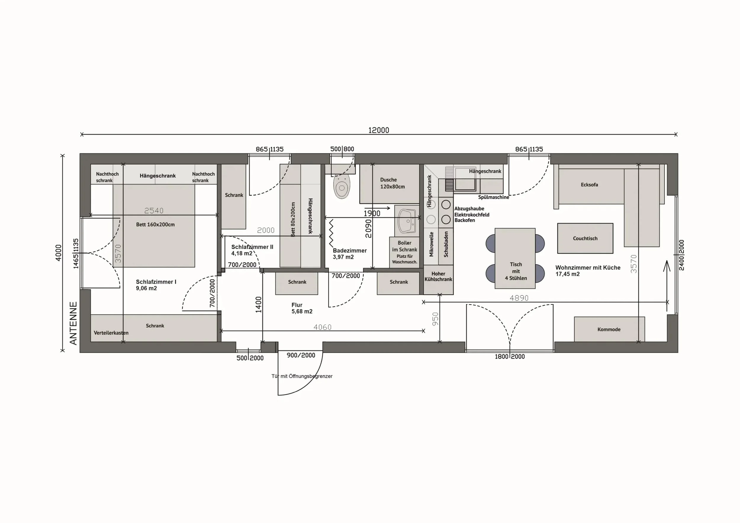 Grundriss MW48-2-C — 2 Schlafzimmer links, Bad, Wohn-Essbereich mit Küche rechts