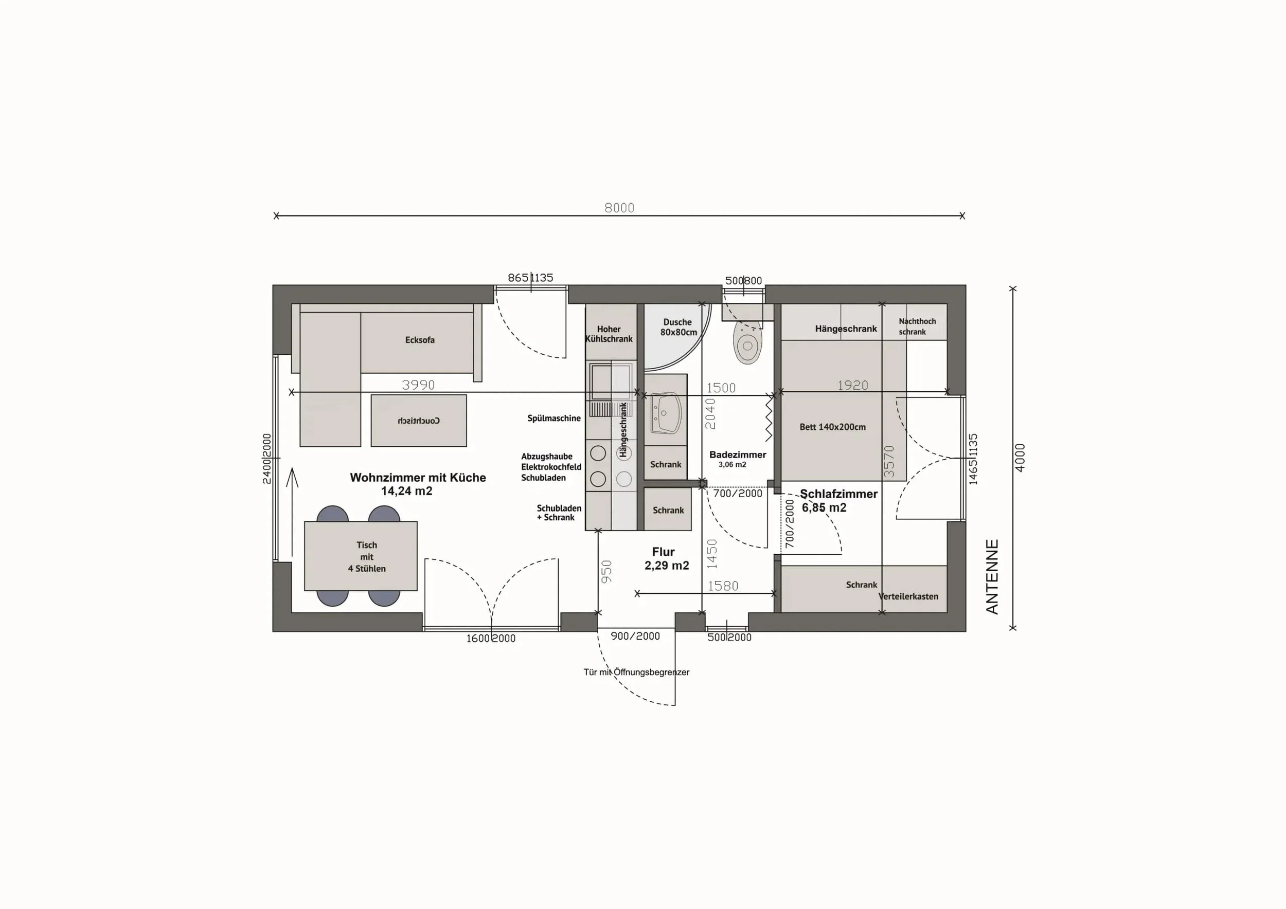Haus MW32 — Grundriss Variante B mit Schlafzimmer rechts, Bad, Küche und Wohnbereich (gespiegelt)