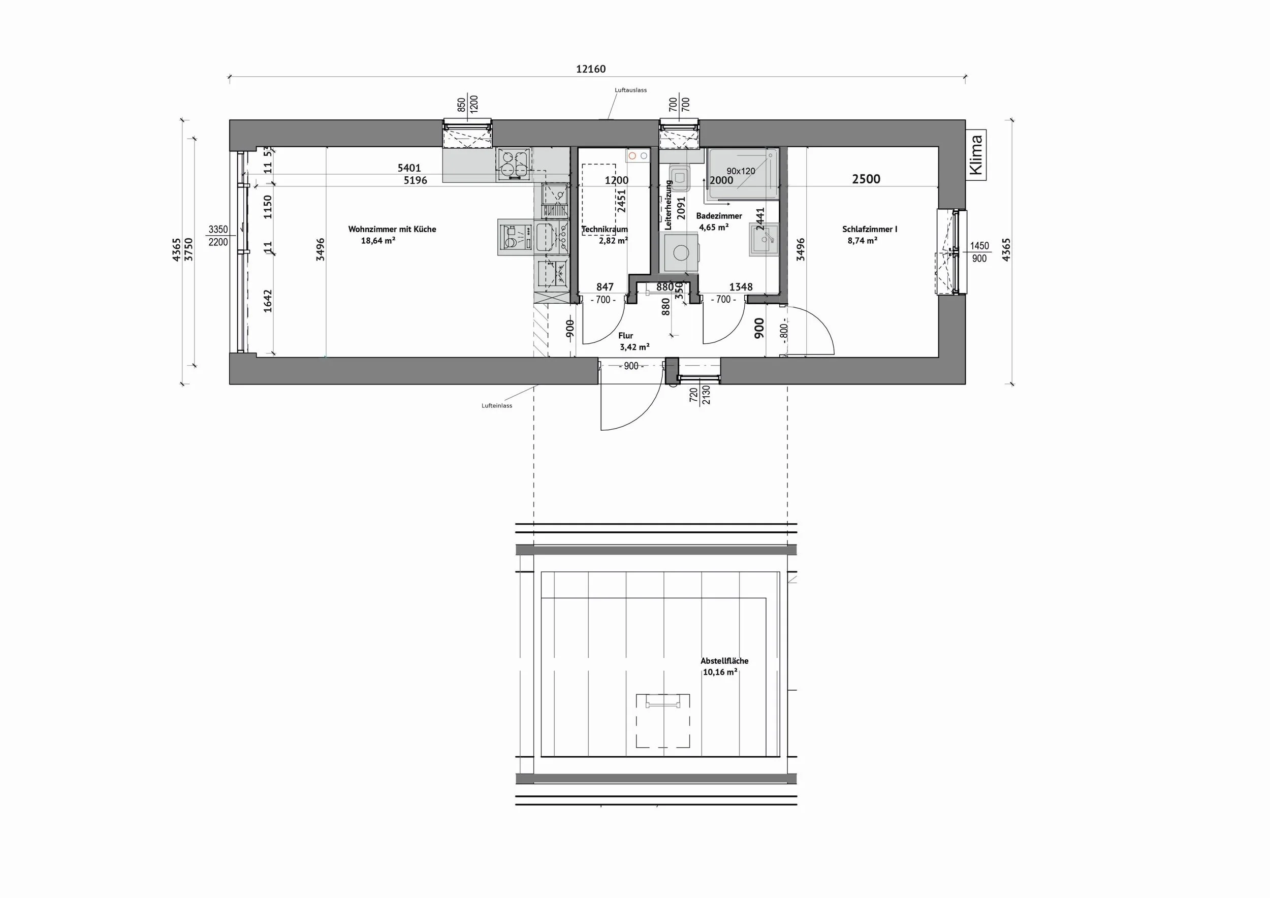 Grundriss MBI-012-A — Wohnzimmer mit Küche 18,64 m² links, Technikraum 3,08 m² und Badezimmer 4,35 m² mittig, Schlafzimmer 8,74 m² rechts, Abstellfläche im Dachgeschoss 10,16 m² (Technische Zeichnung. Möblierung zur Veranschaulichung)