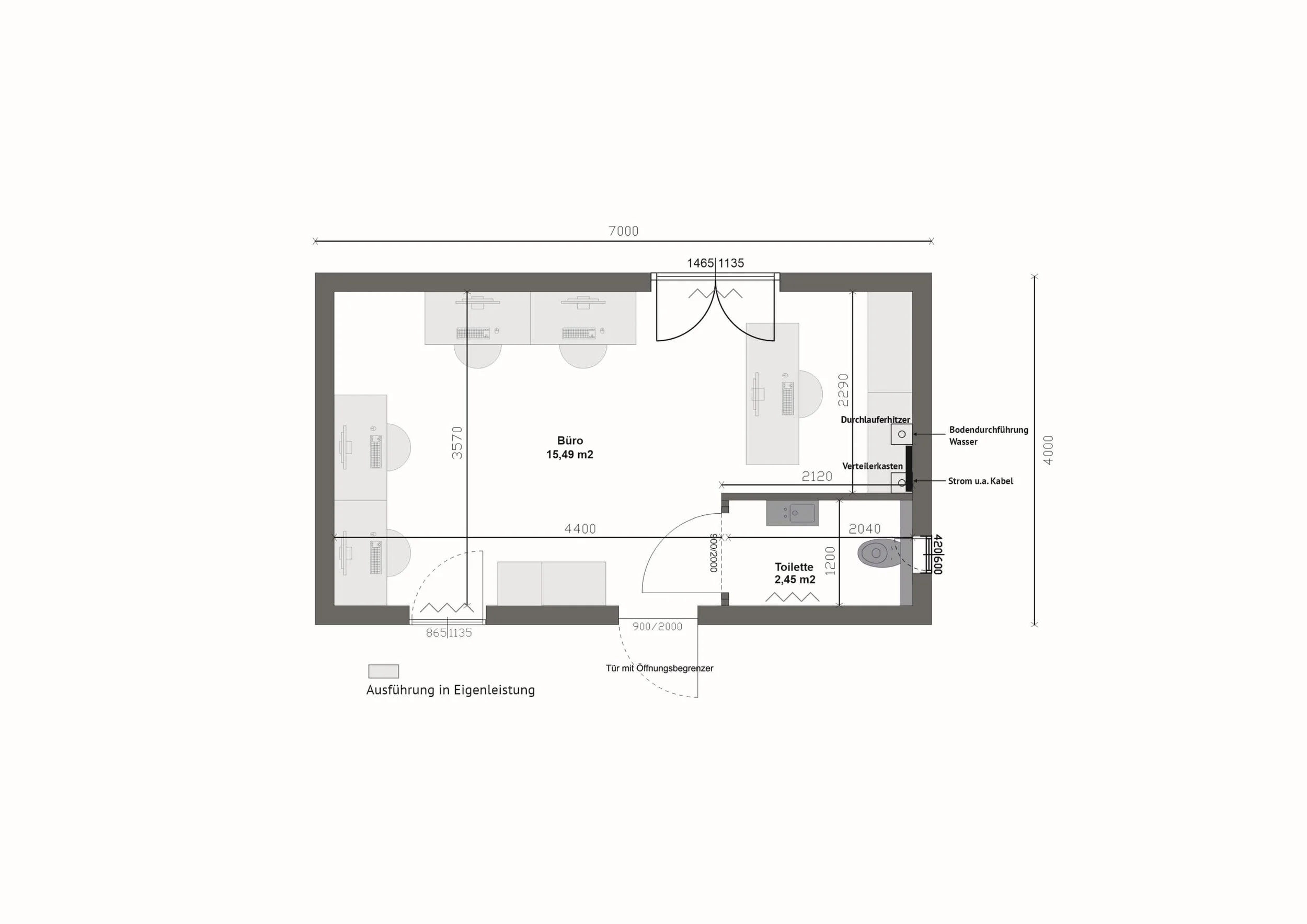 Grundriss MB28-1 — Büroraum 15,49 m² und separate Toilette 2,45 m², Außenmaße 7 × 4 m (Technische Zeichnung. Möblierung zur Veranschaulichung)