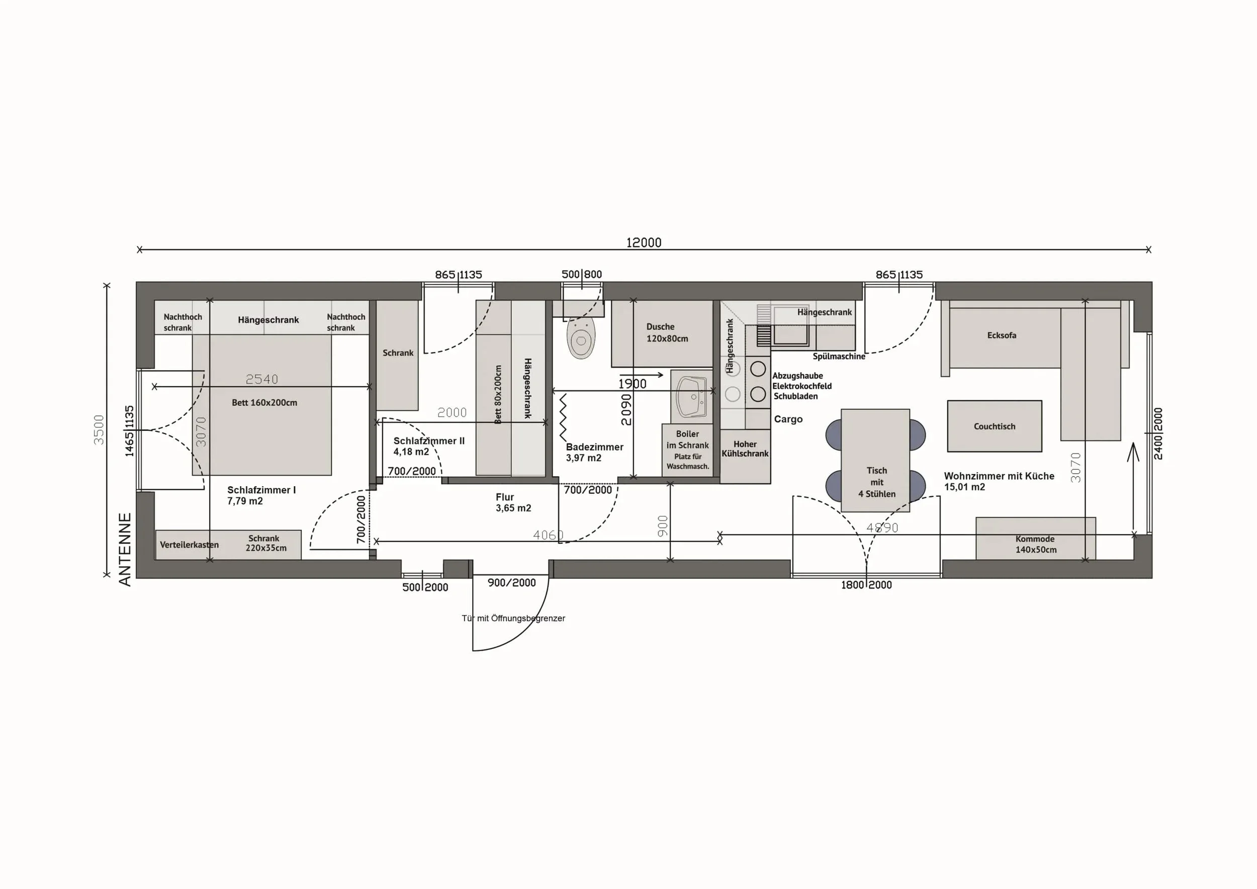 Haus MW42 — 3D-Grundriss Variante 2 Schlafzimmer (7,30 m² + 6,80 m²), Draufsicht