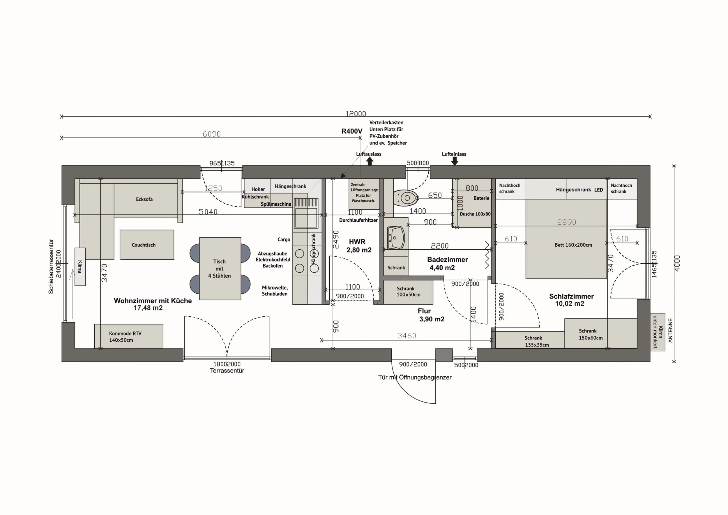 Grundriss MS48-2-B — 1 Schlafzimmer rechts (10,02 m²), Bad, Flur und HWR mittig, Wohnzimmer mit Küche links (17,48 m²), Schiebeterrassentür links (Technische Zeichnung. Möblierung zur Veranschaulichung)