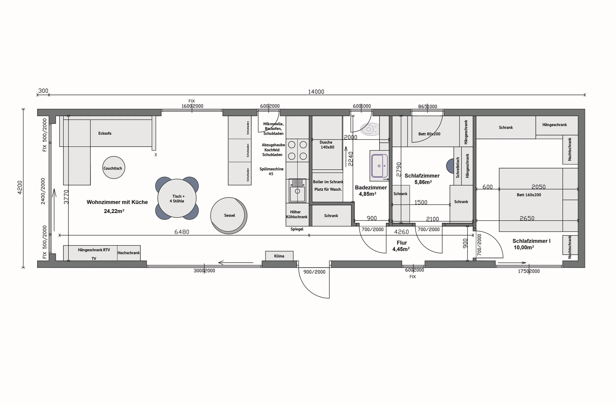 Grundriss MW58-A — Wohnzimmer mit Küche links, Bad und 2 Schlafzimmer rechts (Technische Zeichnung. Möblierung zur Veranschaulichung)