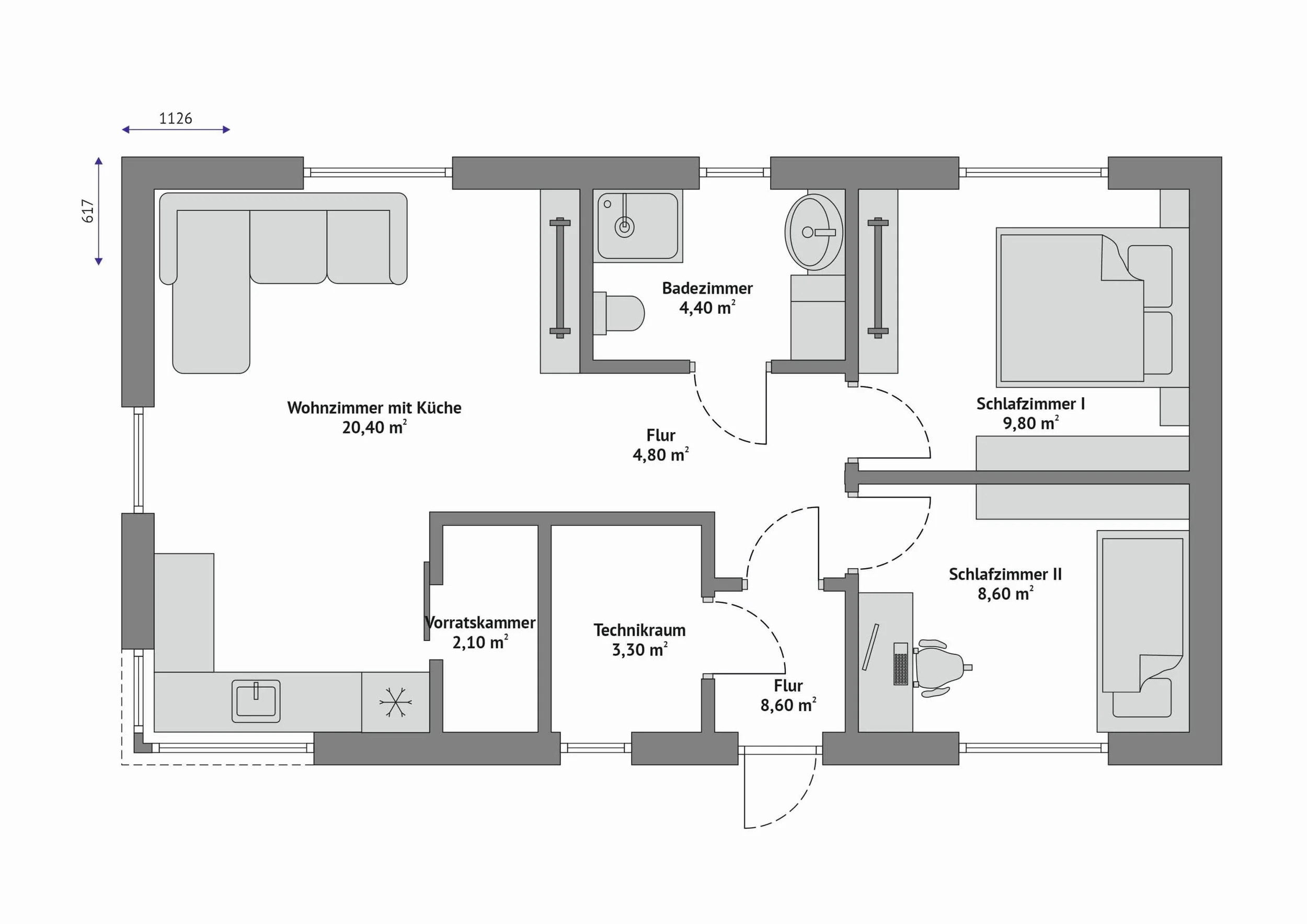 Grundriss FH-DH60 — eingeschossige Aufteilung mit Wohnzimmer/Küche, zwei Schlafzimmern, Badezimmer, zwei Fluren, Vorratskammer und Technikraum (Technische Zeichnung. Möblierung zur Veranschaulichung)