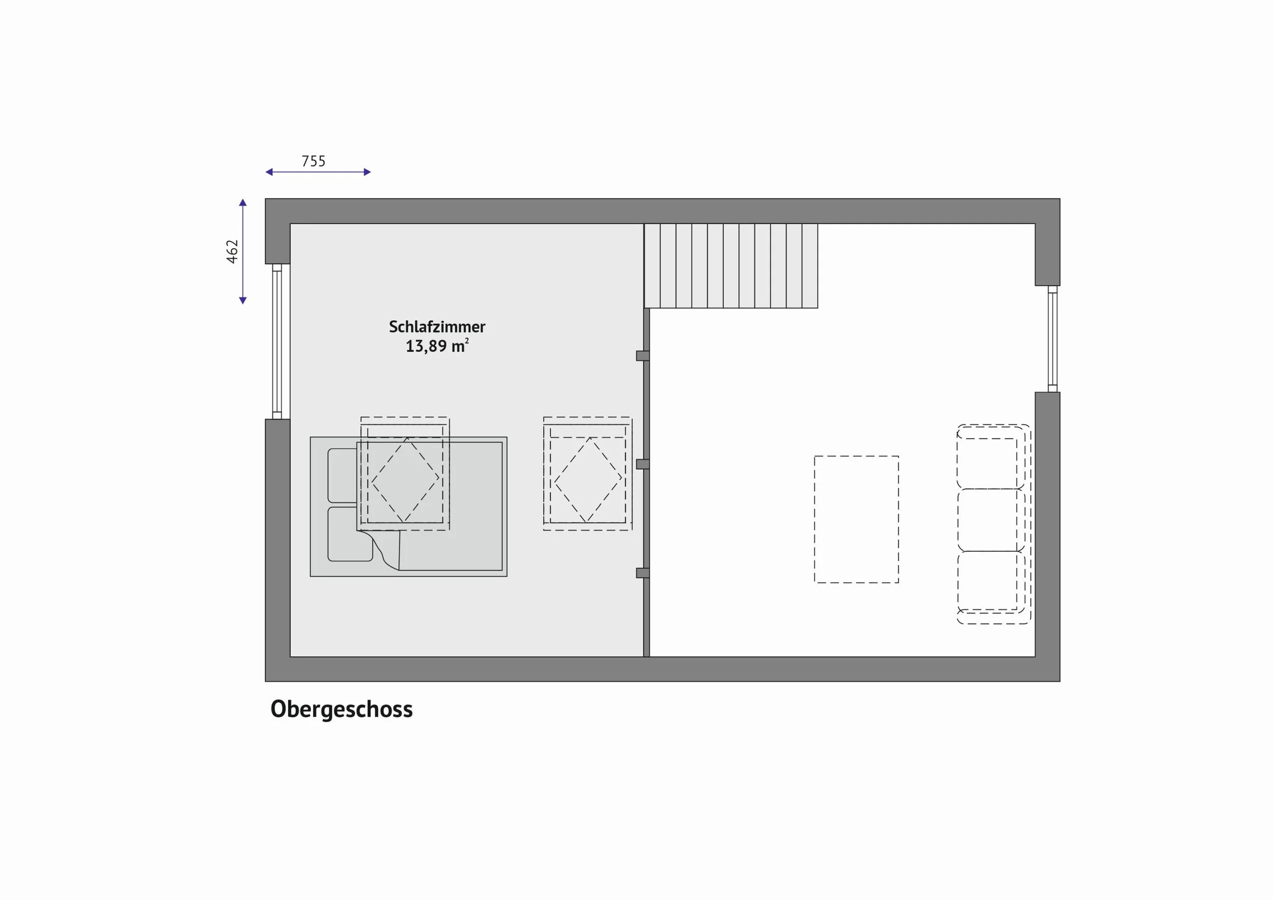 Grundriss FH-DH35-3 — Obergeschoss mit Schlafzimmer links, Treppenaufgang mittig und Galerie als Luftraum über dem Wohnbereich (Technische Zeichnung. Möblierung zur Veranschaulichung)