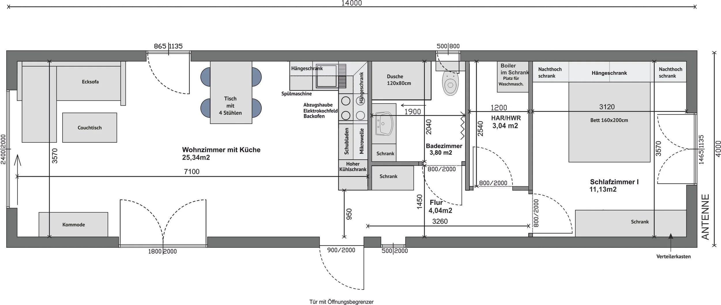 Grundriss MW56-2-B — 1 Schlafzimmer mit Doppelbett 160 × 200 cm rechts, Wohnzimmer mit Küche links (vollständige Spiegelung von A) (Technische Zeichnung. Möblierung zur Veranschaulichung)