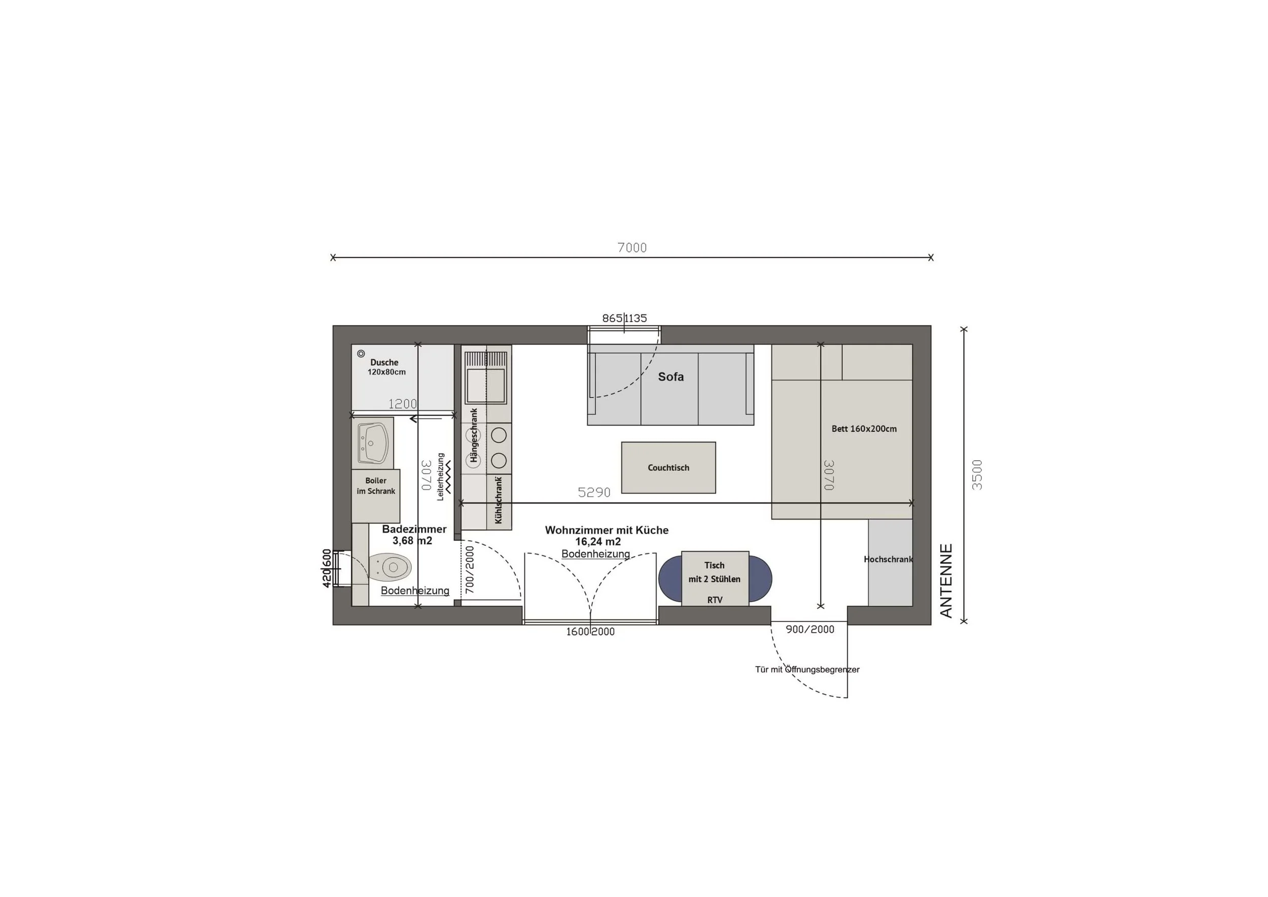 Grundriss MV25-2 — Badezimmer links (3,68 m²), Wohnbereich mit Küche und integriertem Schlafbereich (16,24 m²) auf einer Ebene (Technische Zeichnung. Möblierung zur Veranschaulichung)