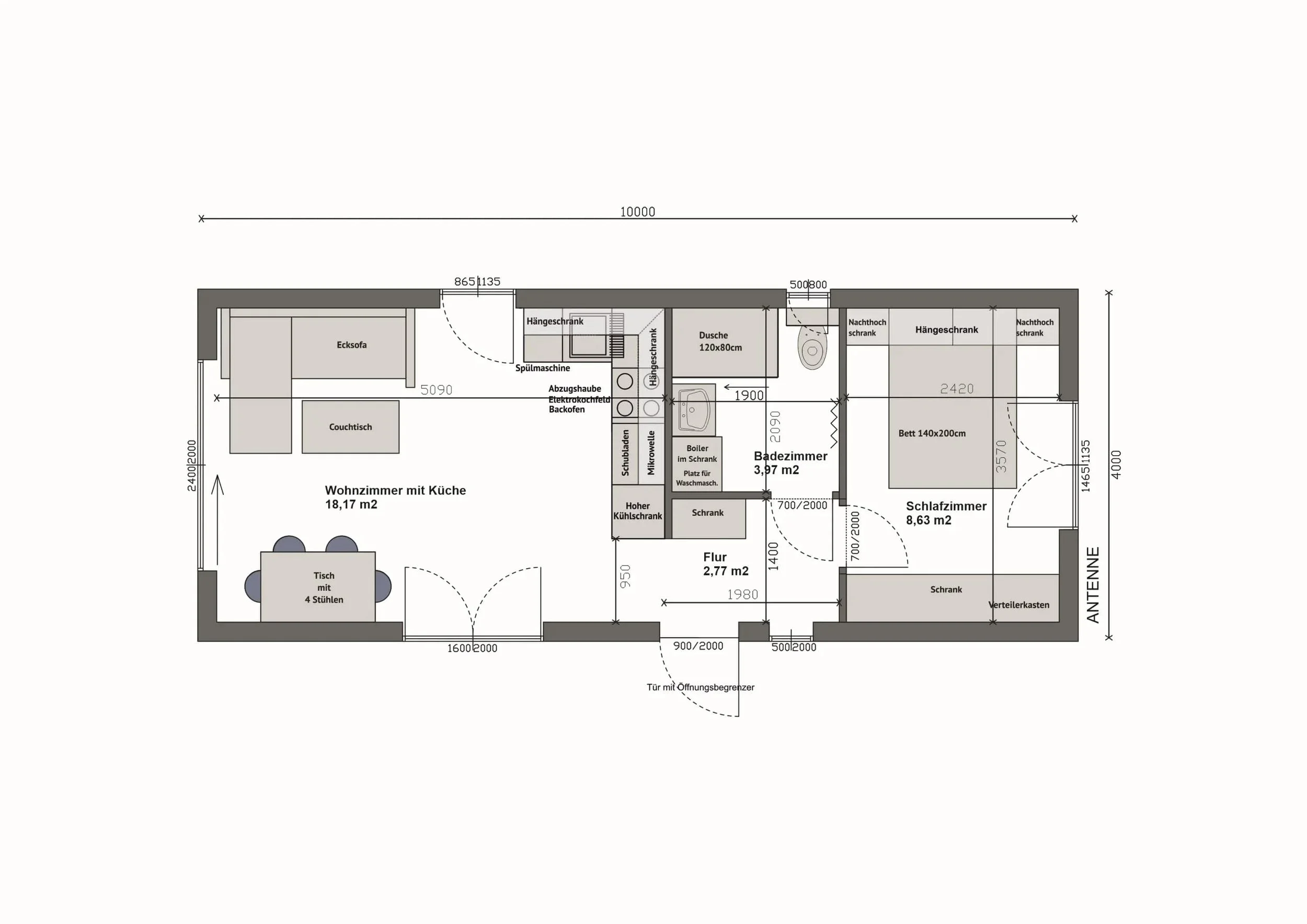 Grundriss MW40-2-B — 1 Schlafzimmer links, Bad und Flur mittig, Wohnzimmer mit Küche rechts (Technische Zeichnung. Möblierung zur Veranschaulichung)