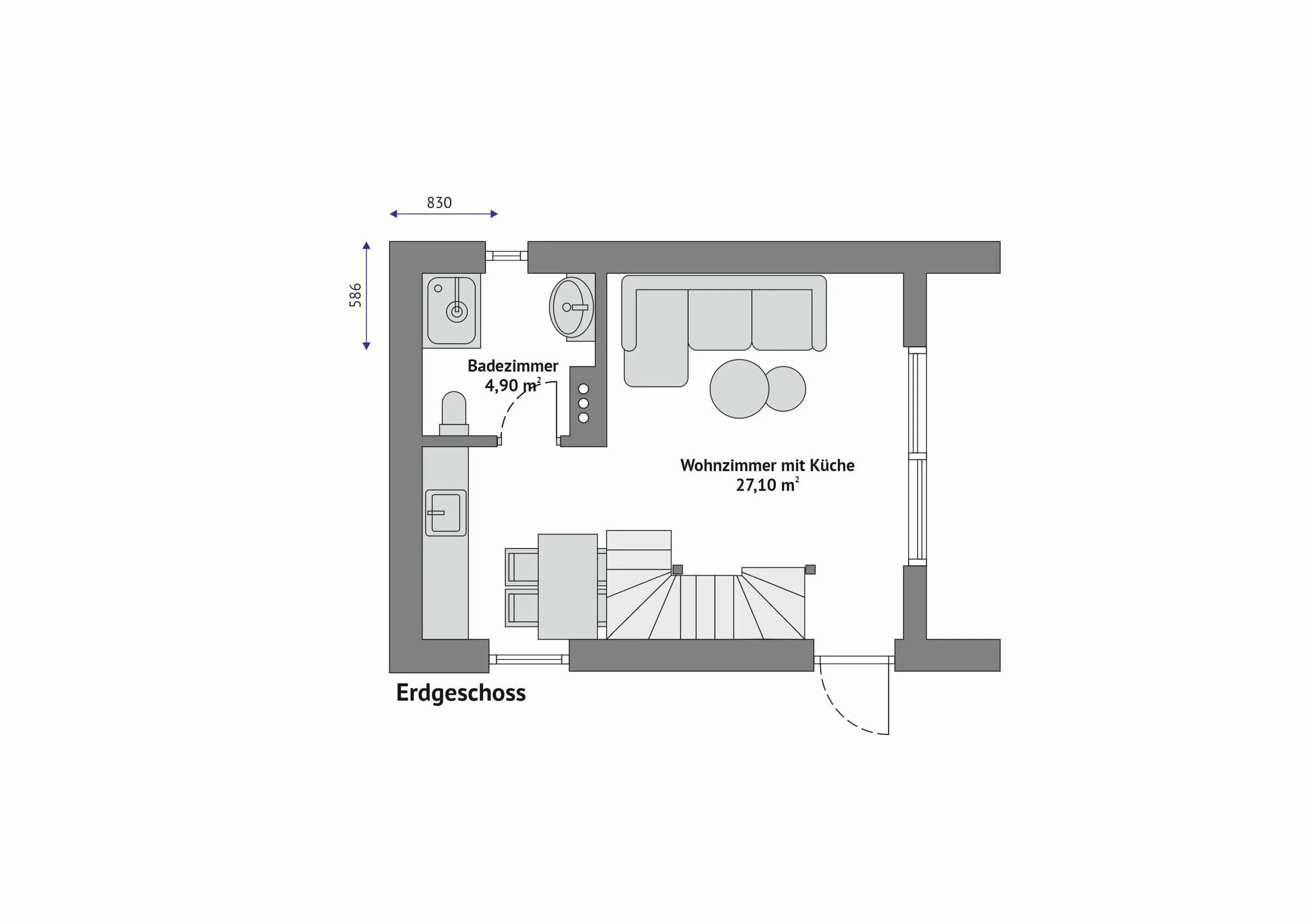 Grundriss Haus FH-DH47 — Erdgeschoss mit Badezimmer (4,90 m²) links oben und offenem Wohnzimmer mit Küche (27,10 m²) rechts, Treppe ins Obergeschoss im Wohnbereich; Außenmaße 8,30 × 5,86 m (Technische Zeichnung. Möblierung zur Veranschaulichung)