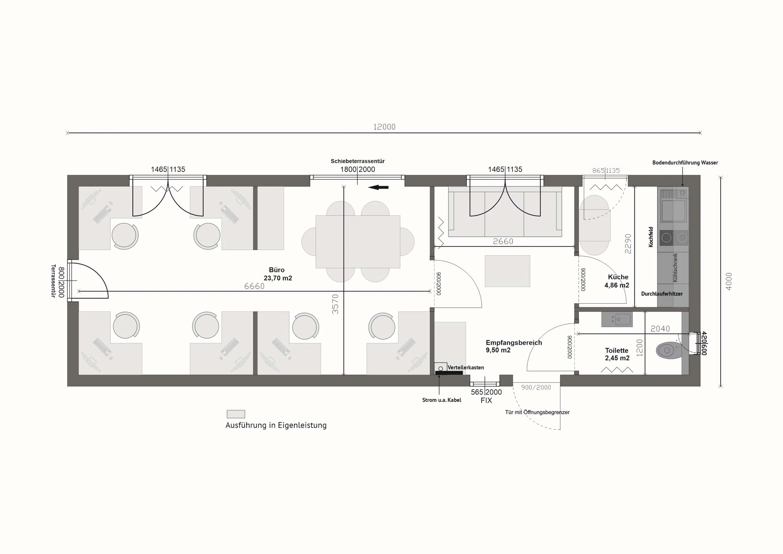 Grundriss MB48-1 — Büro 23,70 m² links, Empfangsbereich 9,50 m² mittig, Küche 4,86 m² und Toilette 2,45 m² rechts (Technische Zeichnung. Möblierung zur Veranschaulichung)