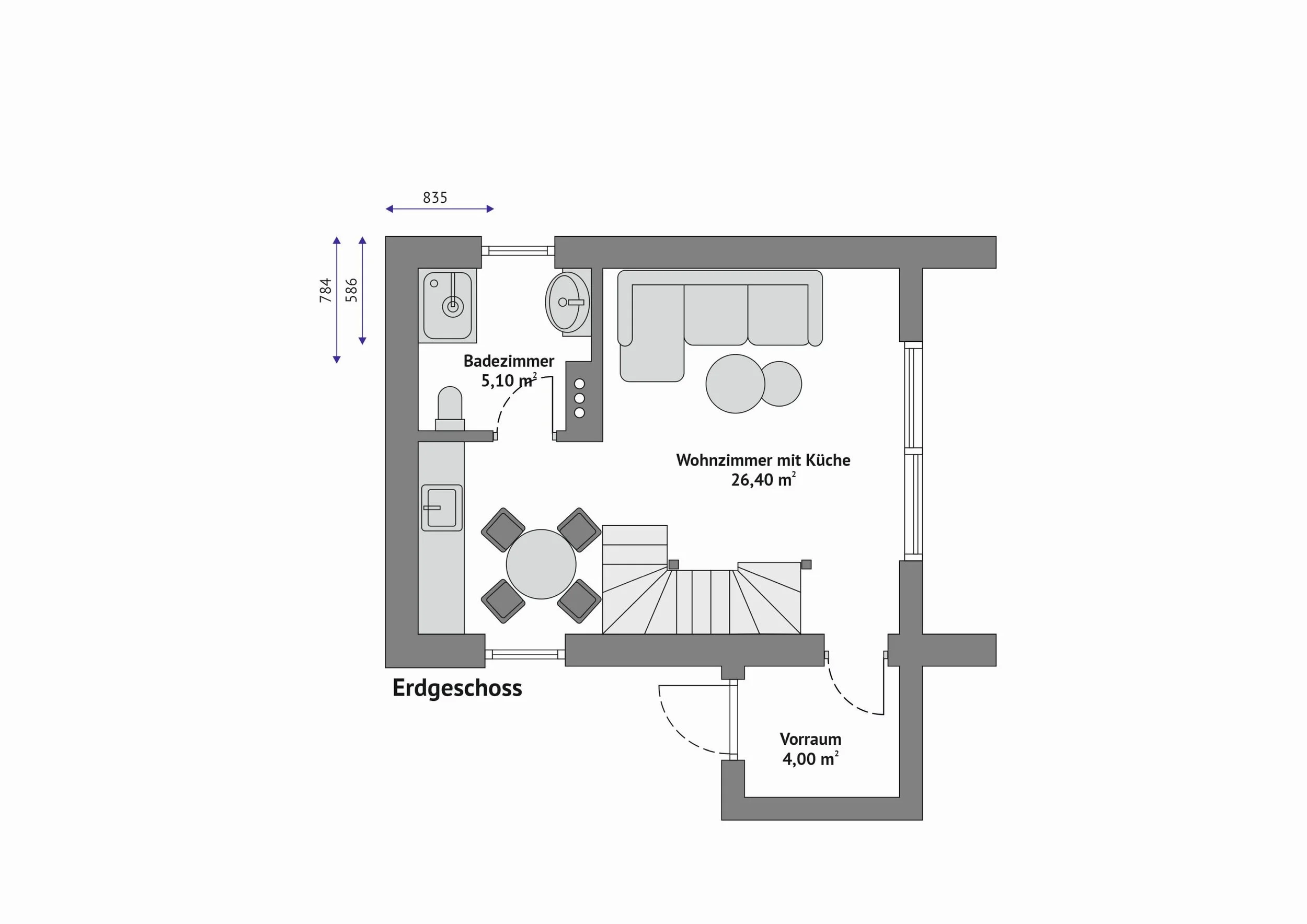 Grundriss FH-DH47-2P — Erdgeschoss mit Wohnzimmer und Küche 26,40 m², Badezimmer 5,10 m² und Vorraum 4,00 m², Treppe offen im Wohnbereich (Technische Zeichnung. Möblierung zur Veranschaulichung)