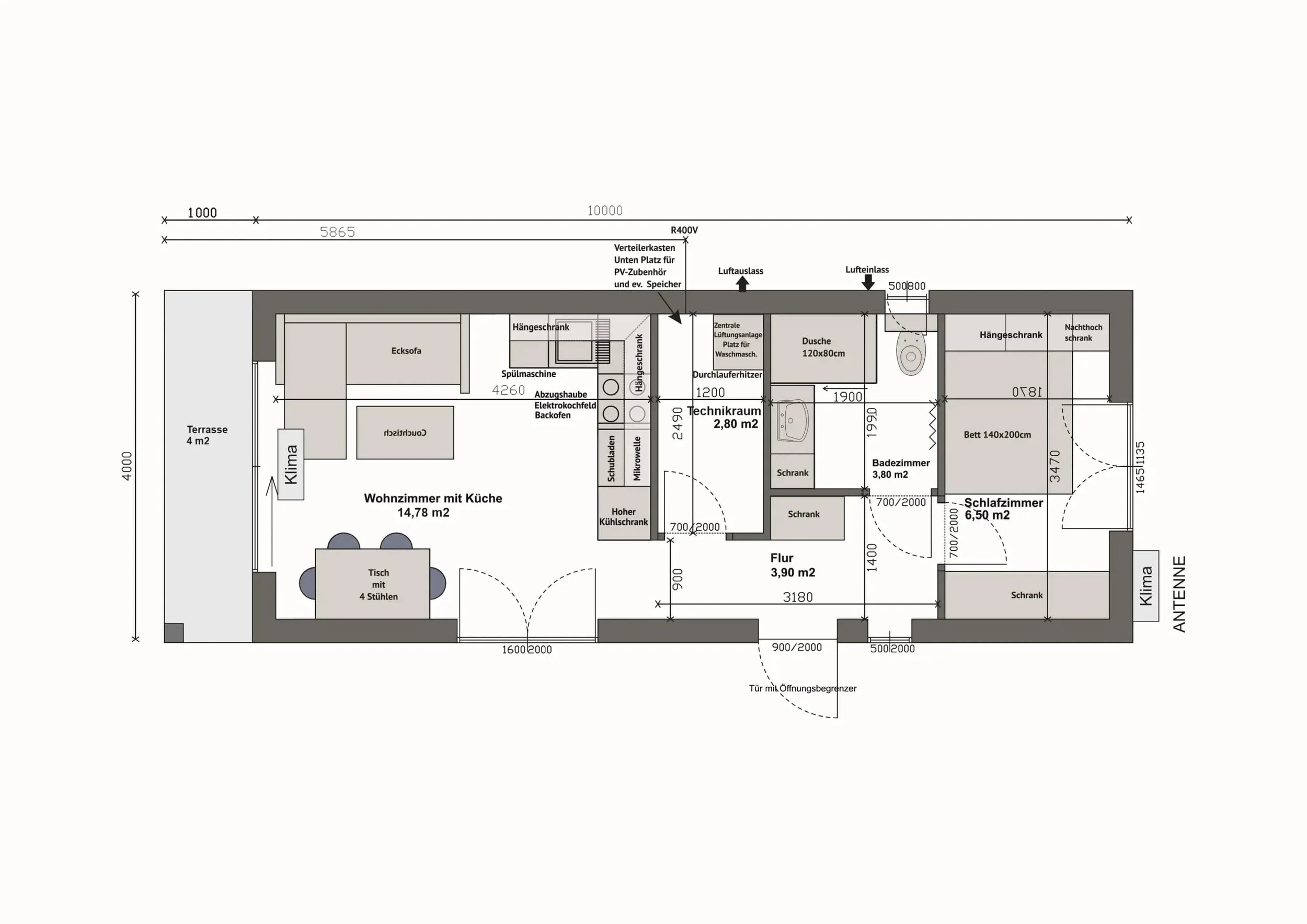 Grundriss MW44-1-B — Schlafzimmer links, Wohnzimmer mit Küche und Terrasse rechts, vollständig gespiegelt (Technische Zeichnung. Möblierung zur Veranschaulichung)