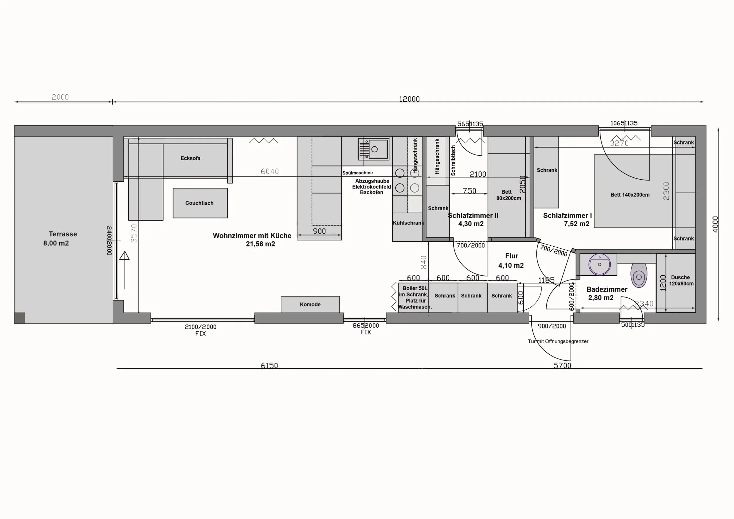 Grundriss MW56-3-B — gespiegelt: Wohnzimmer mit Küche und Terrasse 8 m² links, zwei Schlafzimmer und Bad rechts (Technische Zeichnung. Möblierung zur Veranschaulichung)