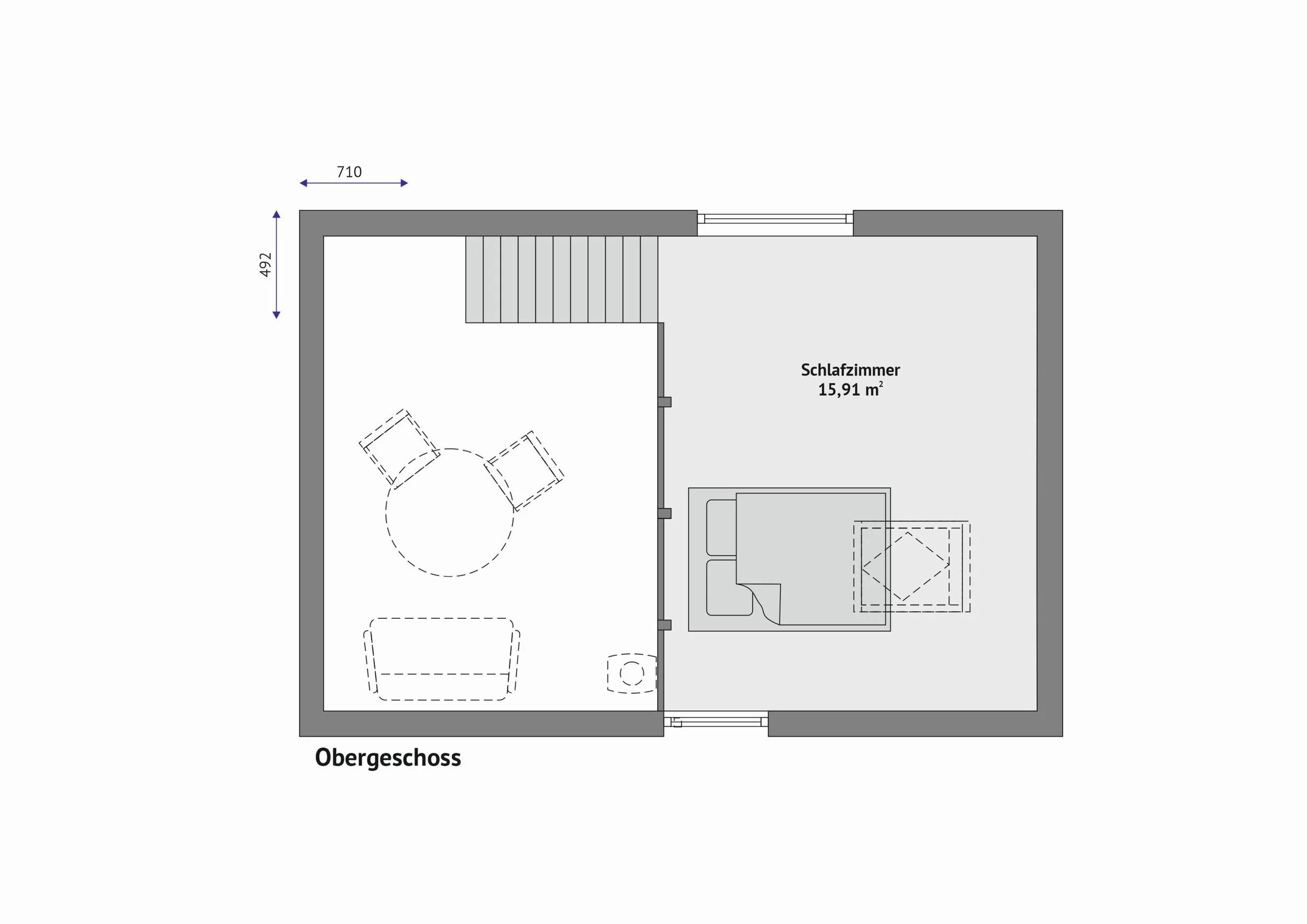 Grundriss Haus FH-DH35-2, Obergeschoss — Schlafzimmer (15,91 m²) auf der rechten Seite, links der offene Luftraum über dem Wohnbereich mit Galerie und Treppenaustritt (Technische Zeichnung. Möblierung zur Veranschaulichung)